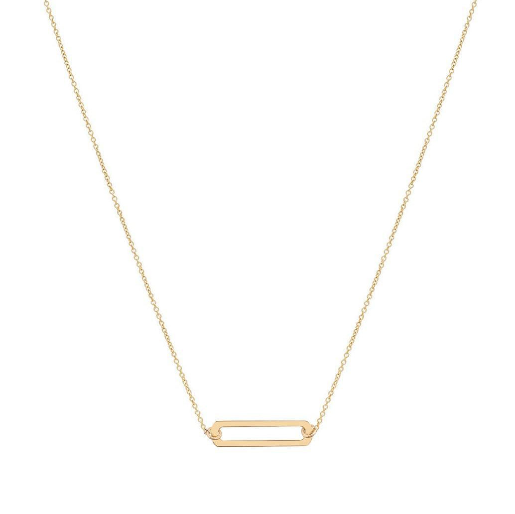 A 9kt gold necklace with a small open rectangle pendant, designed and hallmarked in Dublin, Ireland.