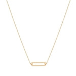 A 9kt gold necklace with a small open rectangle pendant, designed and hallmarked in Dublin, Ireland.
