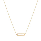 A 9kt gold necklace with a small open rectangle pendant, designed and hallmarked in Dublin, Ireland.