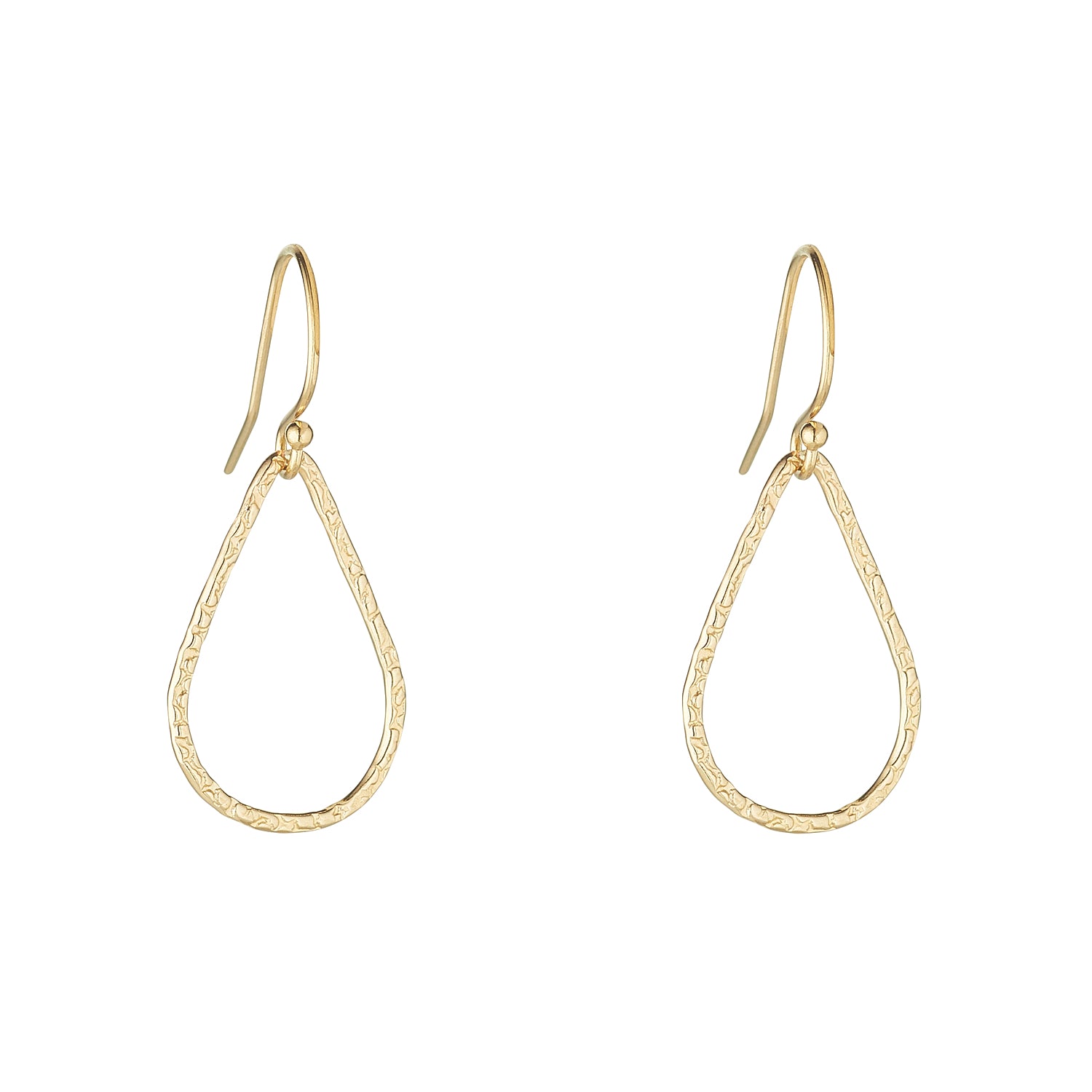 A pair of gold filled textured tear drop earrings.