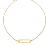 A 9kt gold bracelet featuring an open rectangle design on a chain, displayed against a white background.