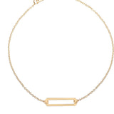A 9kt gold bracelet featuring an open rectangle design on a chain, displayed against a white background.