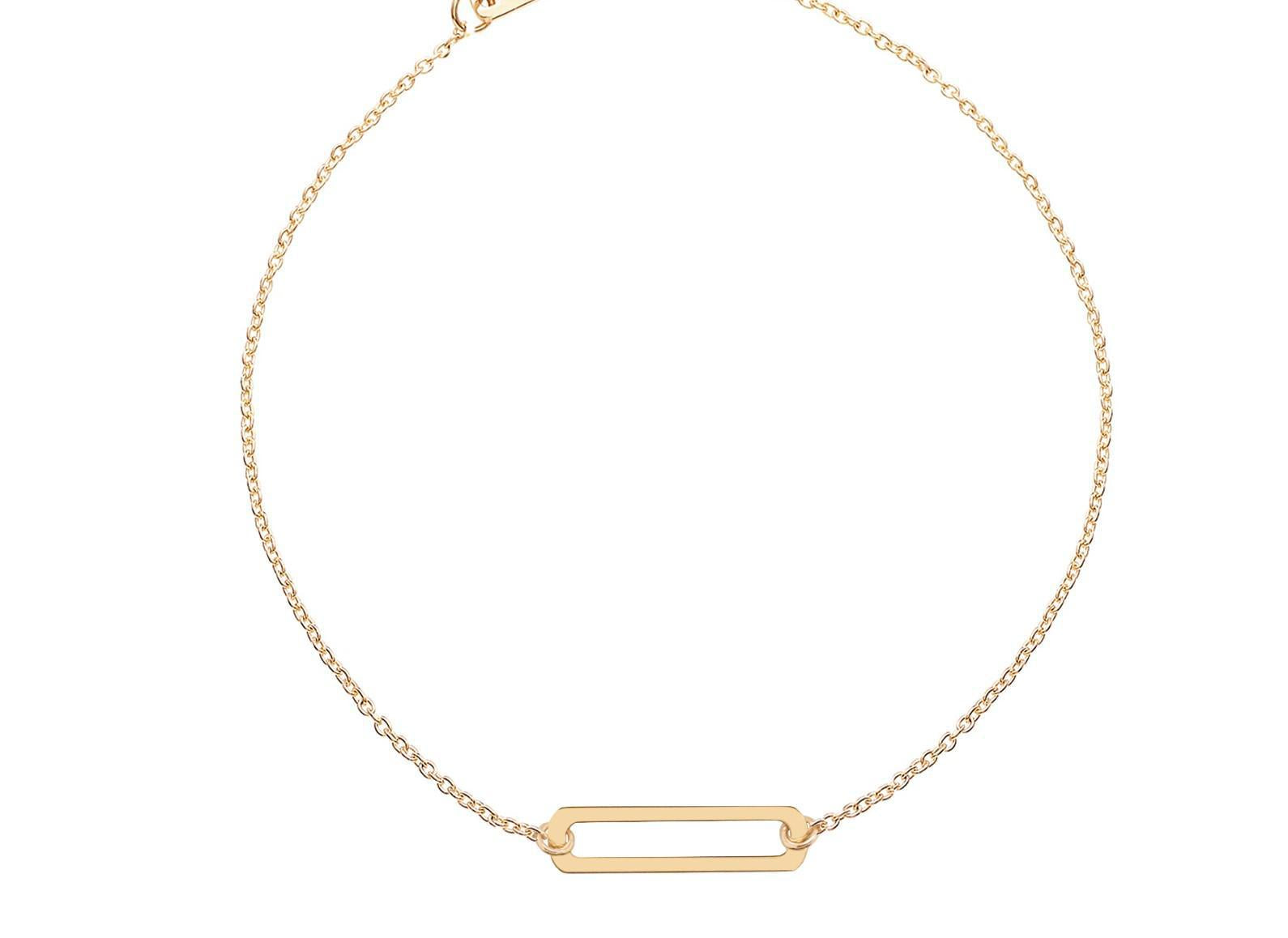 A 9kt gold bracelet featuring an open rectangle design on a chain, displayed against a white background.