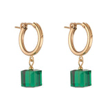 Gold hoop earrings with green cube-shaped charm crystals