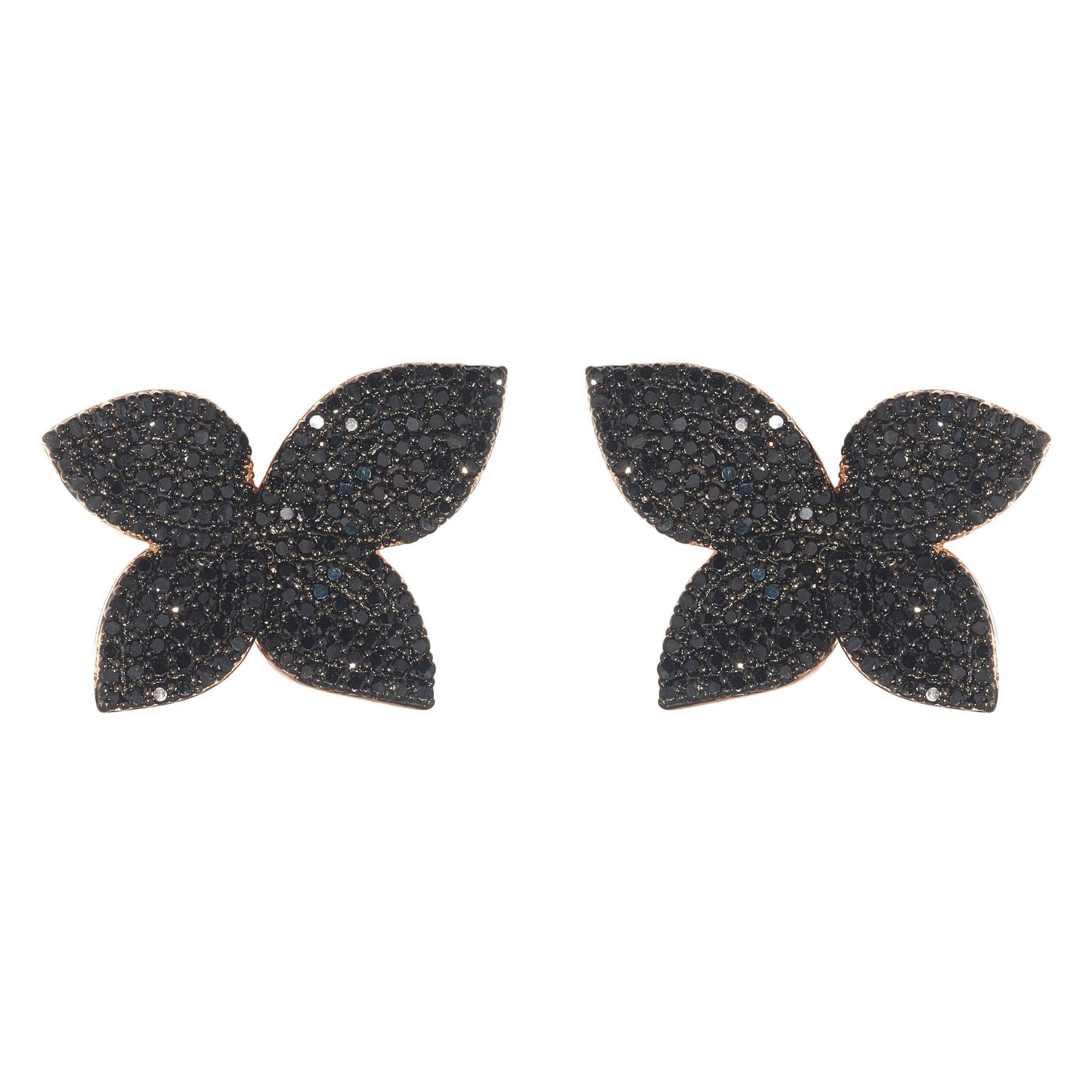 Gold Plated Black Cubic Zirconia Small Floral Stud Earrings MoMuse
