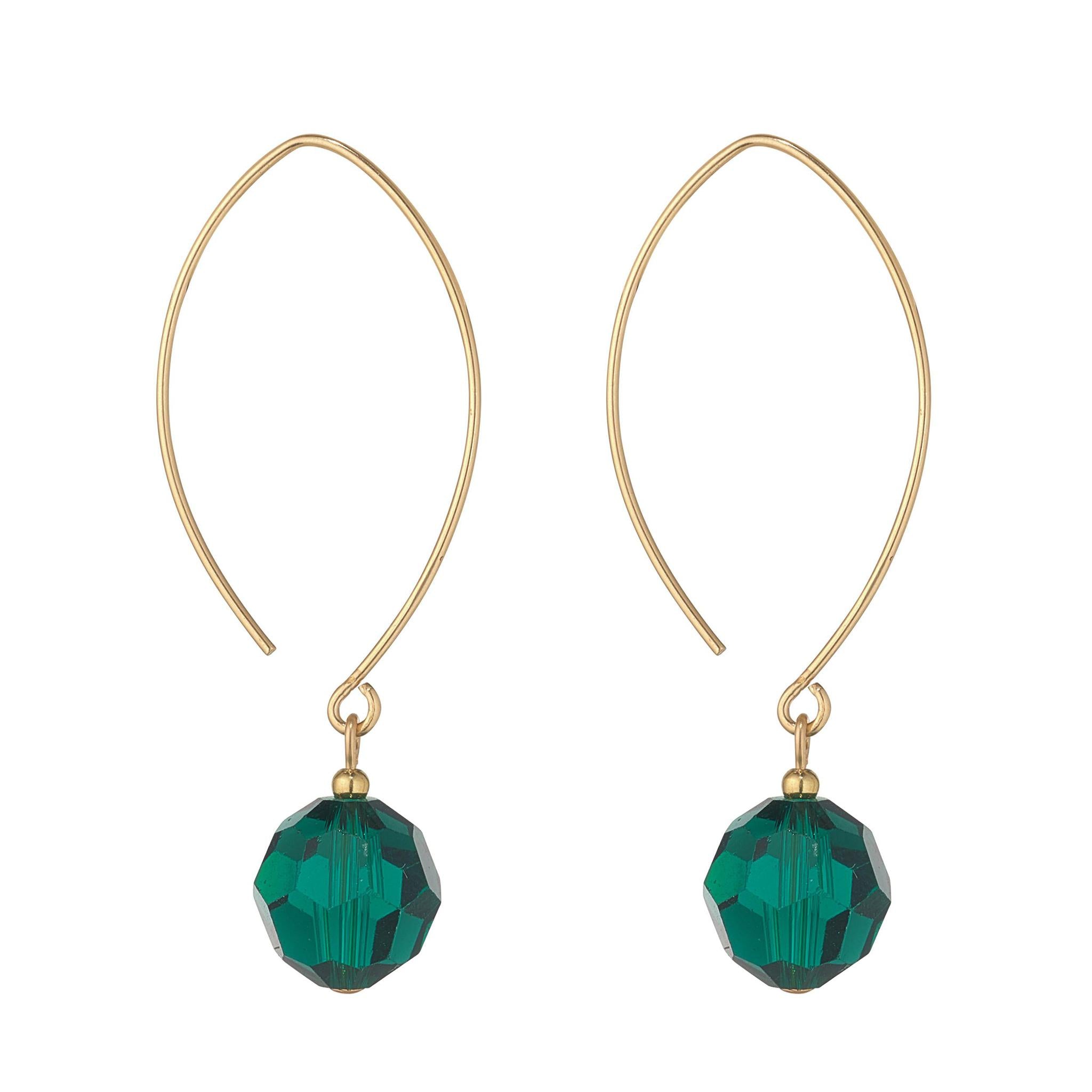 A pair of gold-filled oval open earrings with green globe crystals