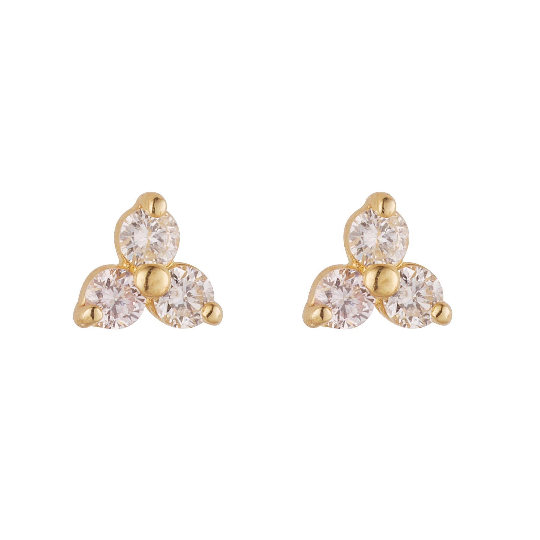 A pair of 9kt gold stud earrings with three white diamonds arranged in a triangular formation.