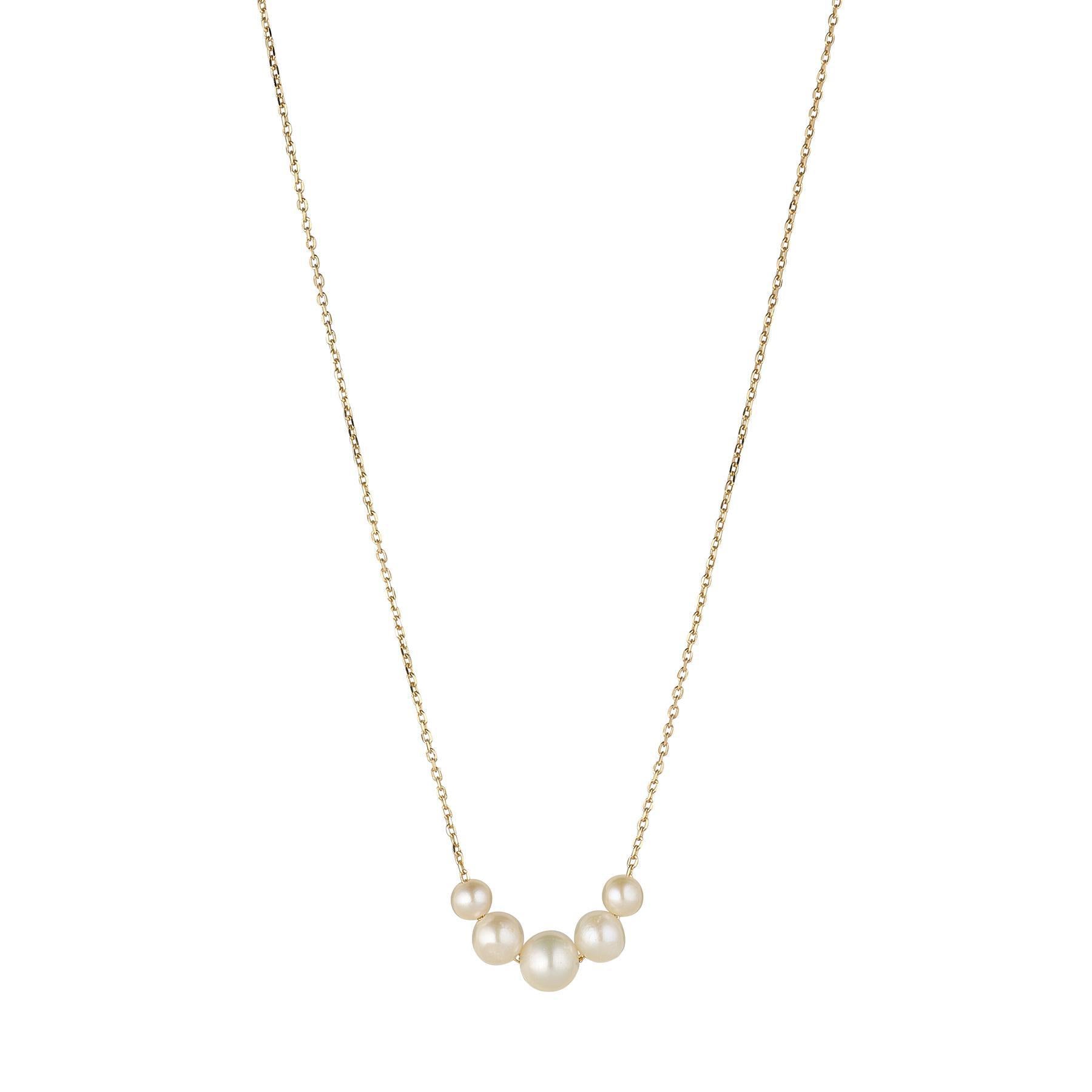 A 9kt gold necklace featuring five floating round-shaped pearls on a white background.