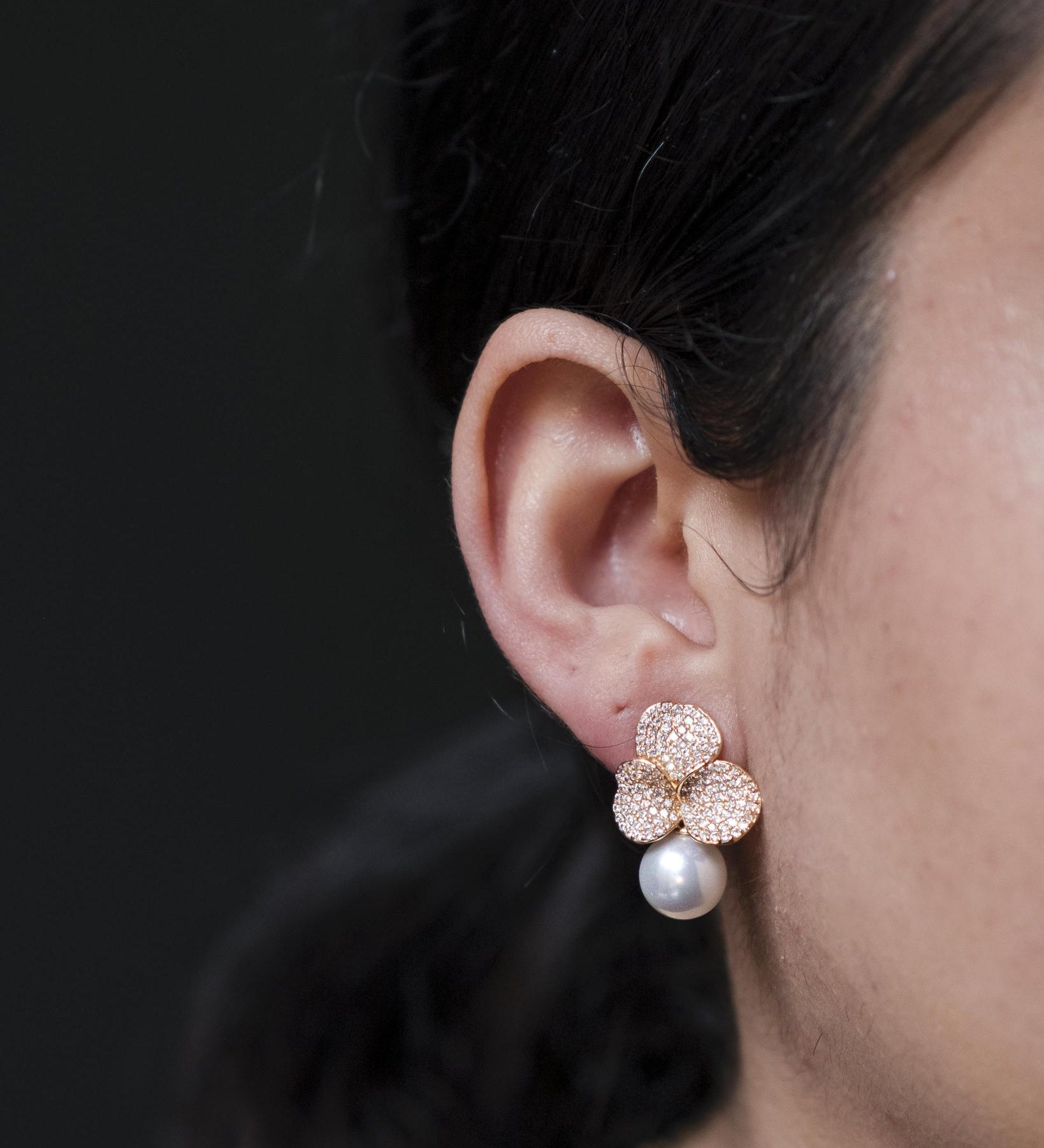 Gold Plated Cubic Zirconia Petal & Pearl Stud Earrings