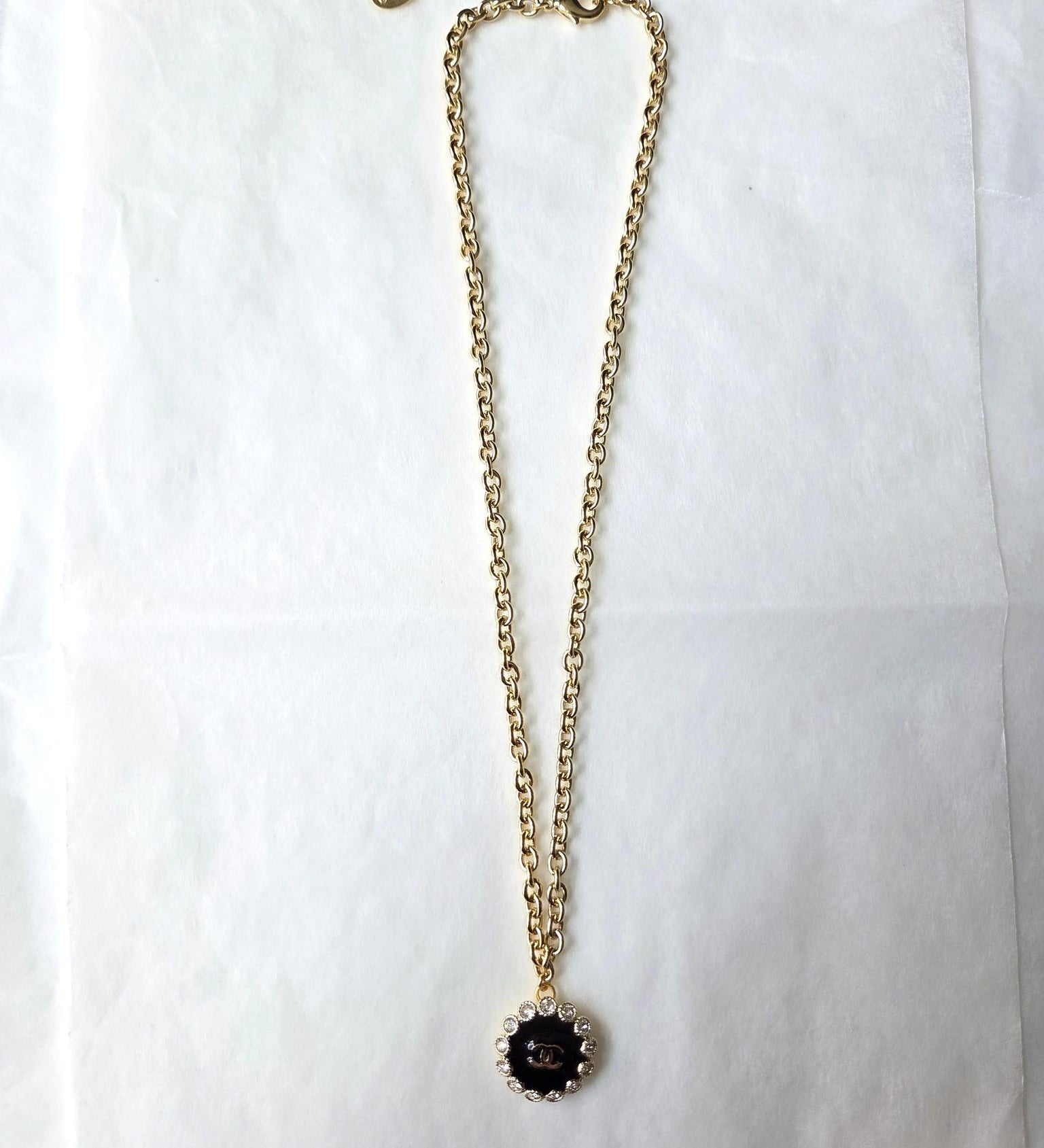 Vintage Chanel Button Pendant - Black with Beaded Crystal Bezel