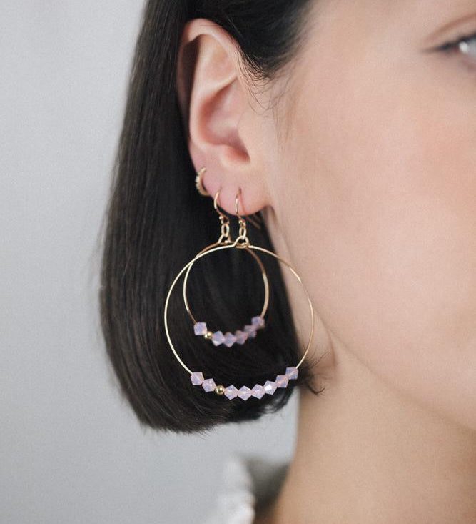 Gold Filled Pink Crystal Row Hoop Earrings