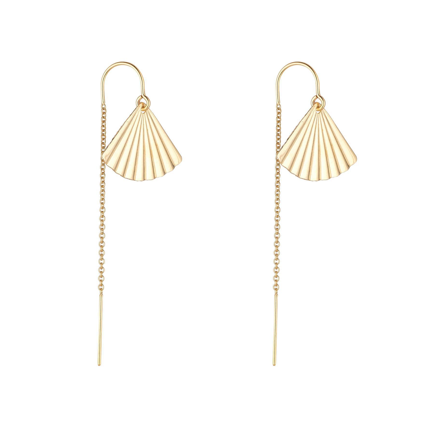 A pair of gold-filled fan-shaped earrings attached to delicate chains, designed in a threader style.
