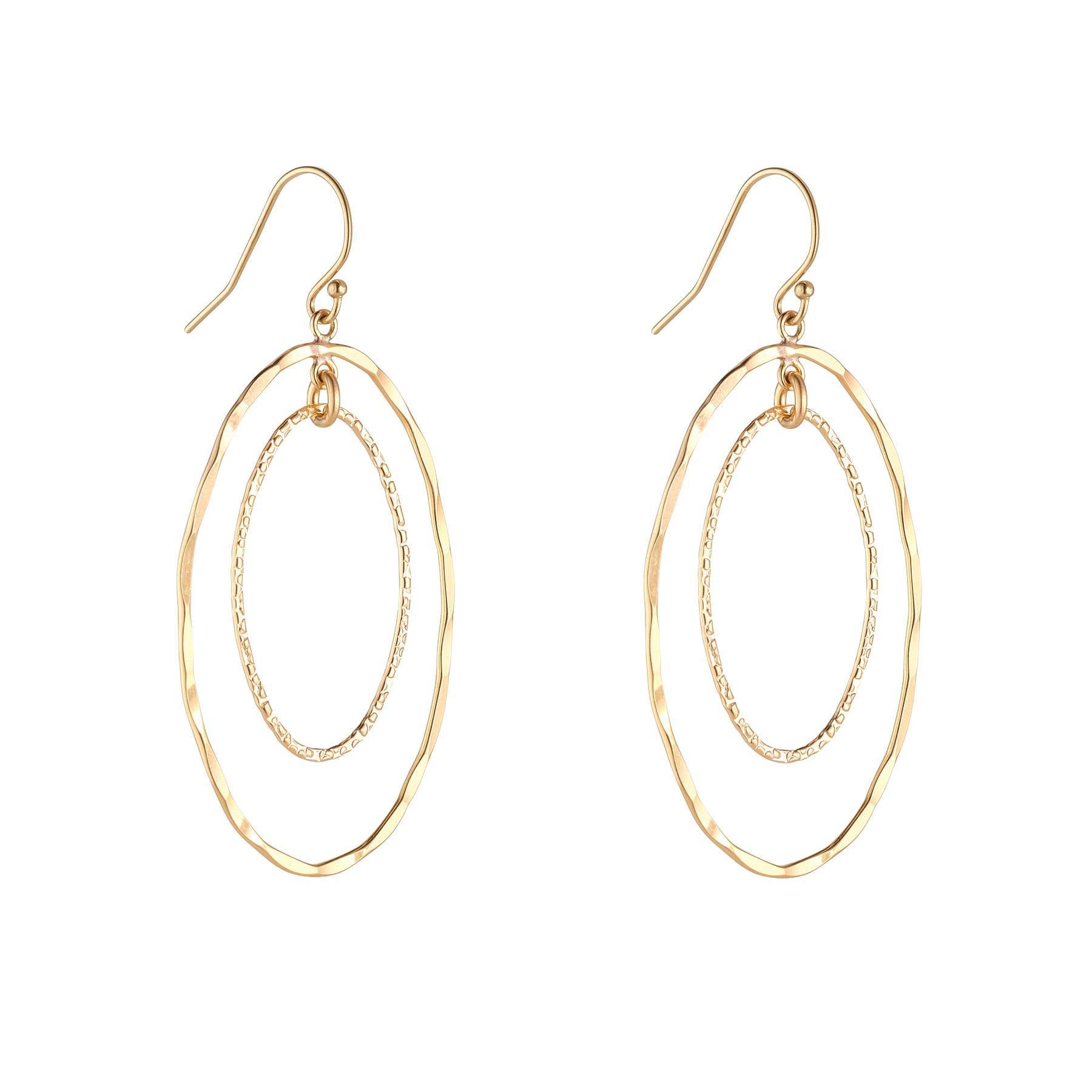 A pair of gold-filled textured double oval drop earrings.
