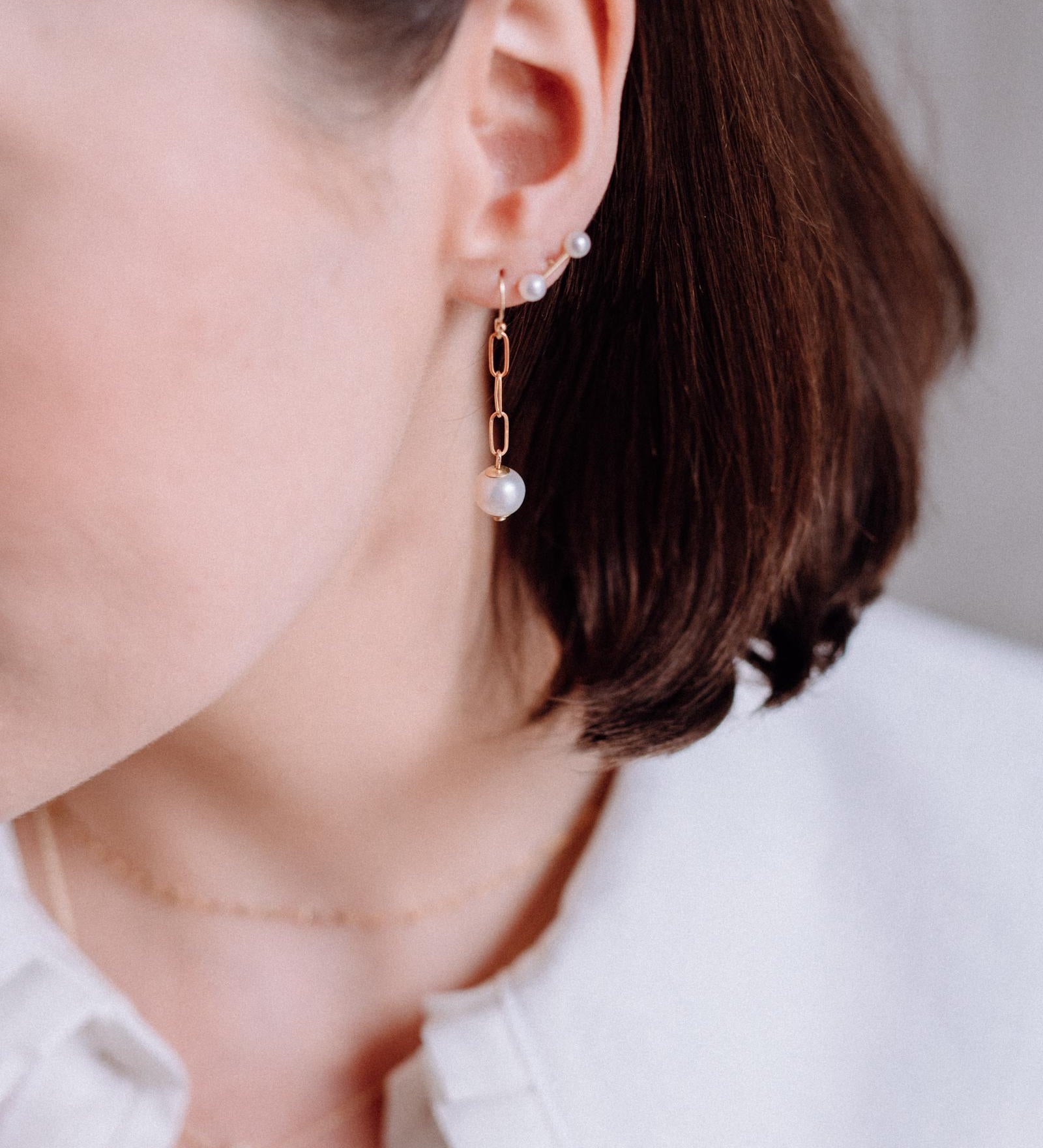 Gold Filled Pearl & Paperclip Chain Drop Earrings