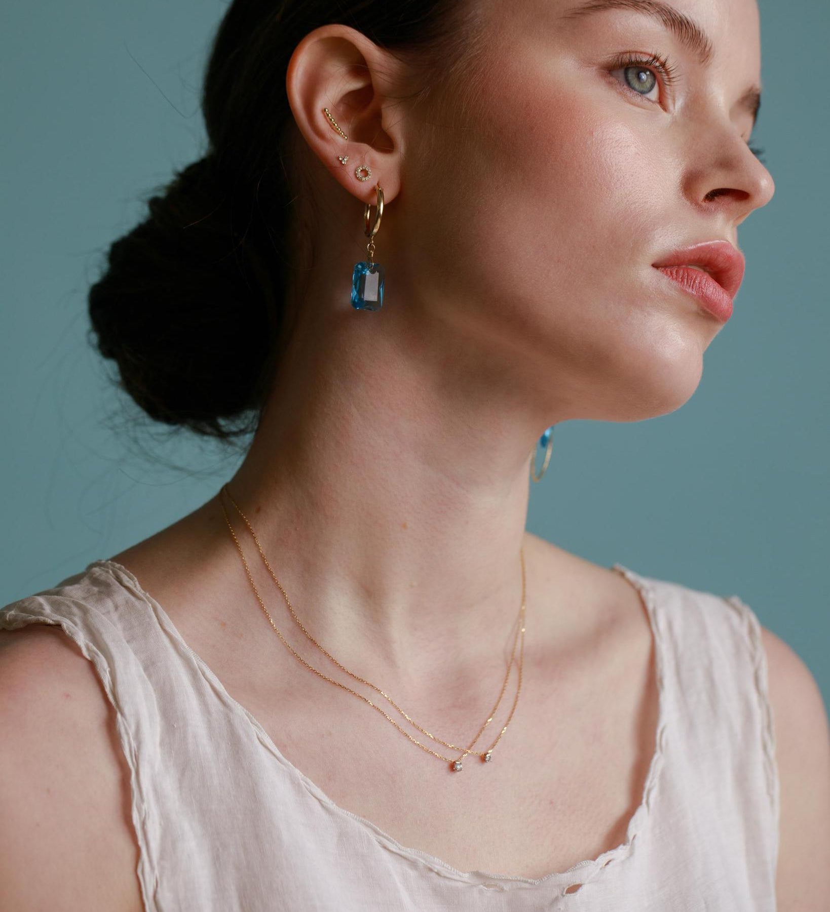 Gold Filled 16mm Emerald Cut Aquamarine Crystal Clip Hoop Earrings