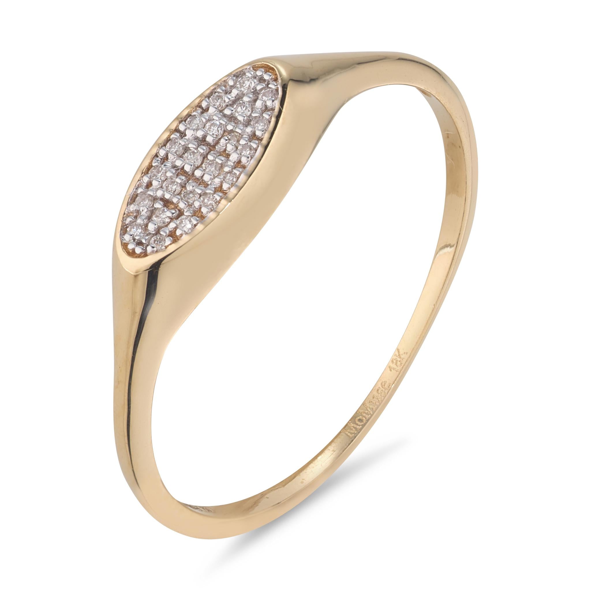 An 18kt yellow gold pave diamond ring with an oval design, featuring a band that tapers towards the base and a cluster of white diamonds set in the center.