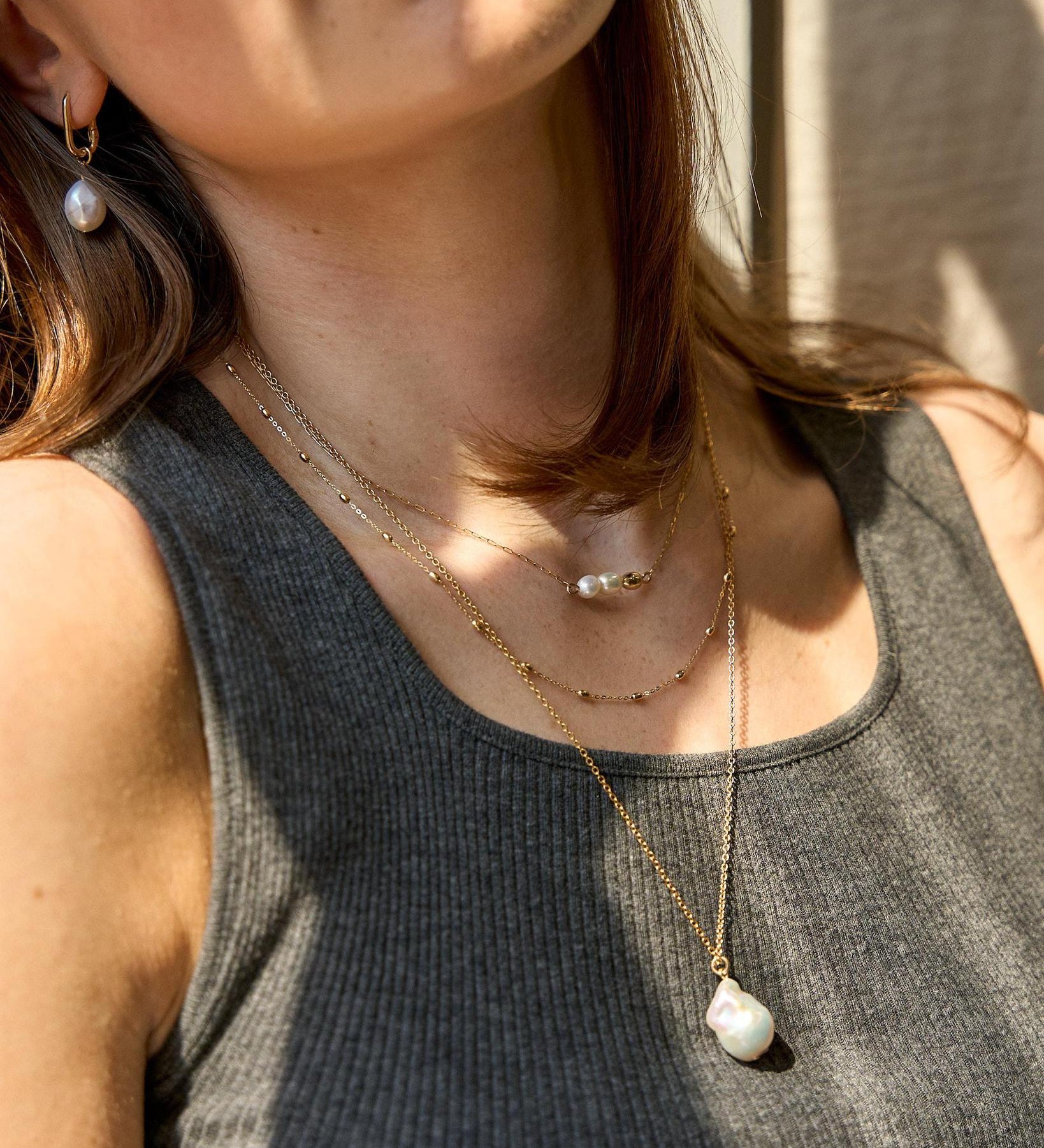 Gold Filled Bean & Baroque Pearl Pendant Necklace