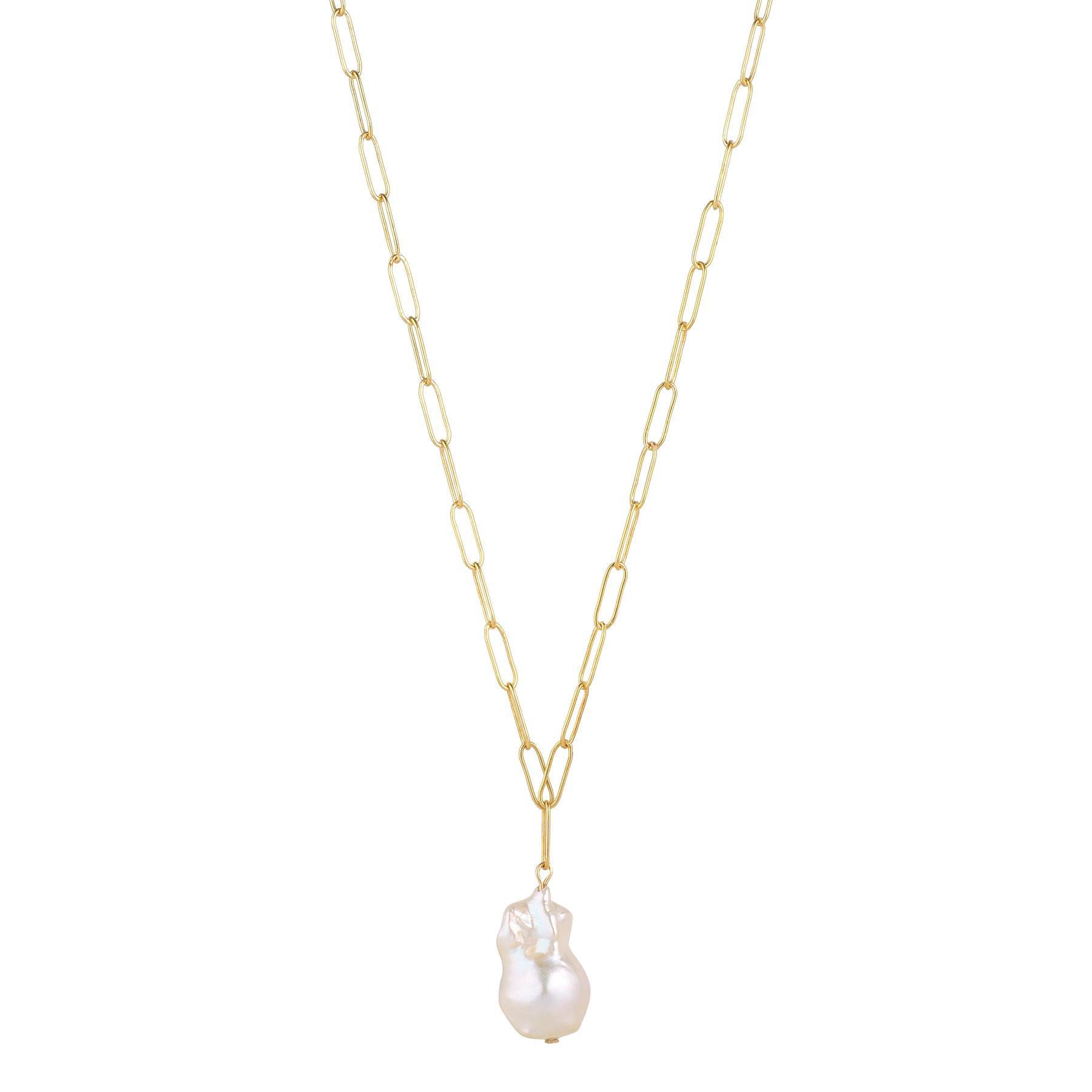 A gold-filled paperclip chain necklace with a large baroque pearl pendant.