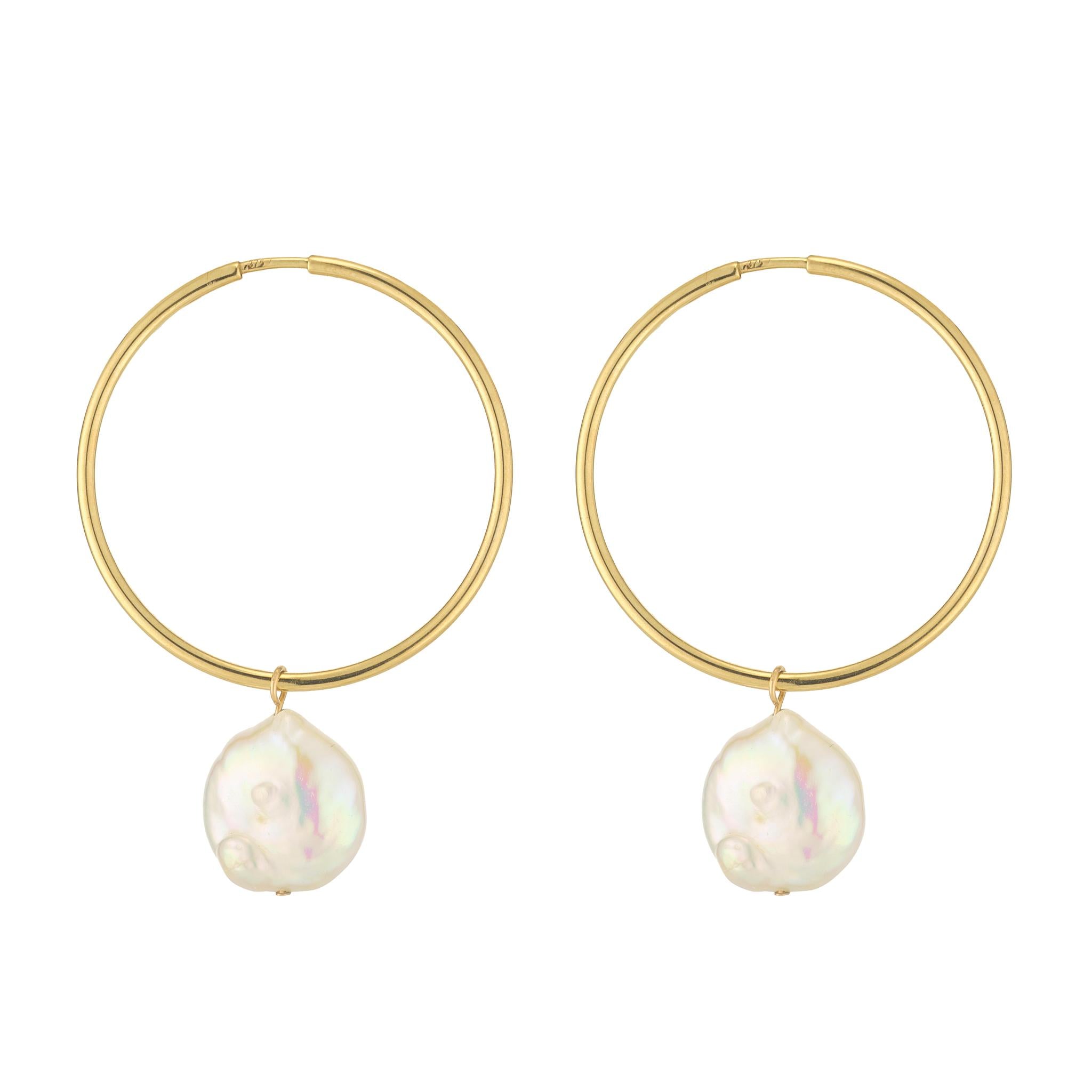 Gold Hoop earrings with Keshi pearl drops 9kt gold 