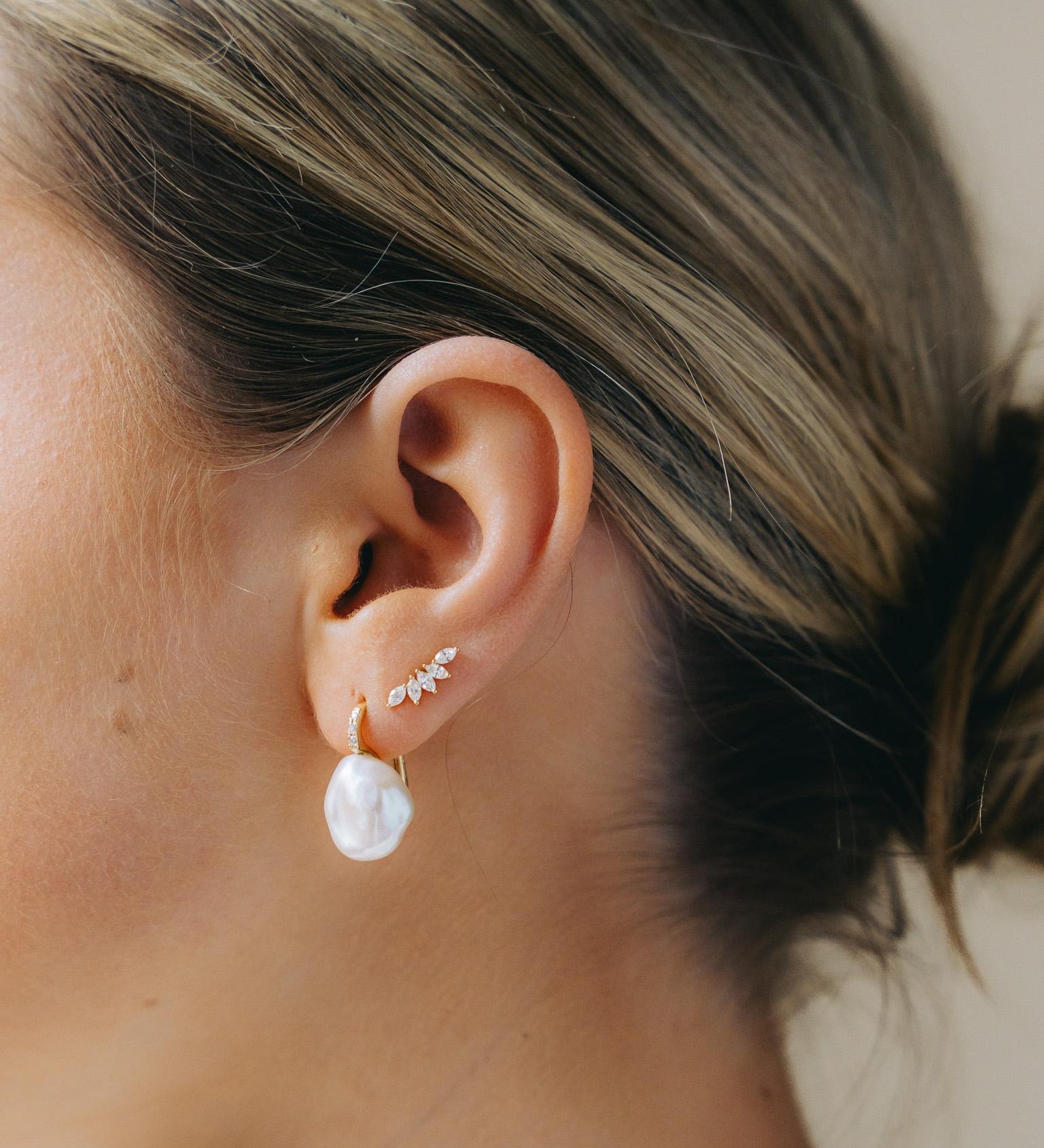 Keshi Pearl (AAA) & Diamond Earrings in 18kt Yellow Gold - 'Moon Tide'