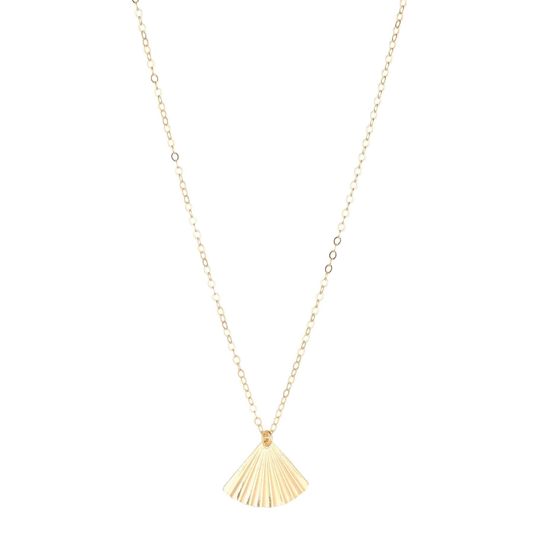 A gold-filled necklace with a golden fan pendant at the center, accompanied by matching threader earrings.