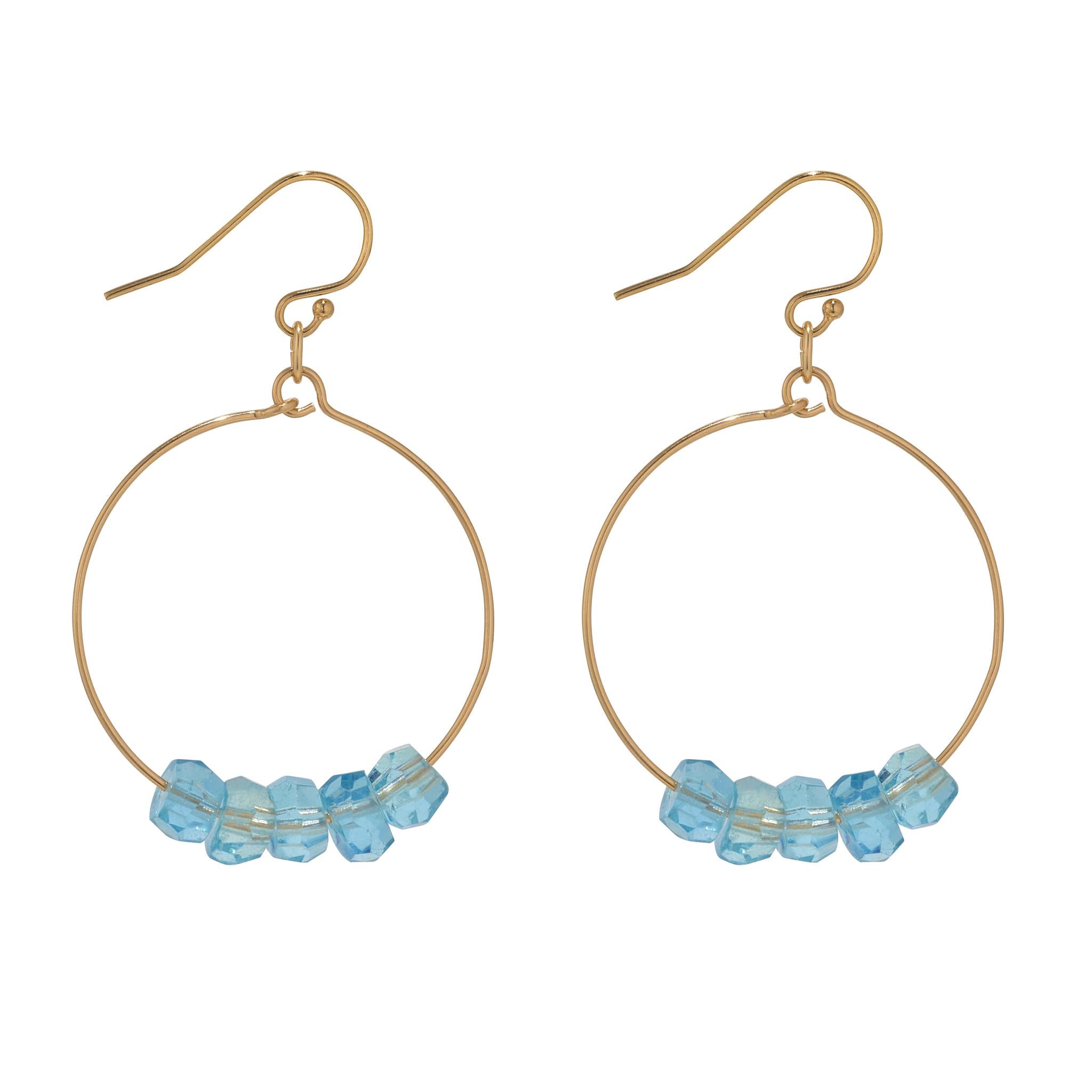 Gold filled hoop earrings with aquamarine crystals