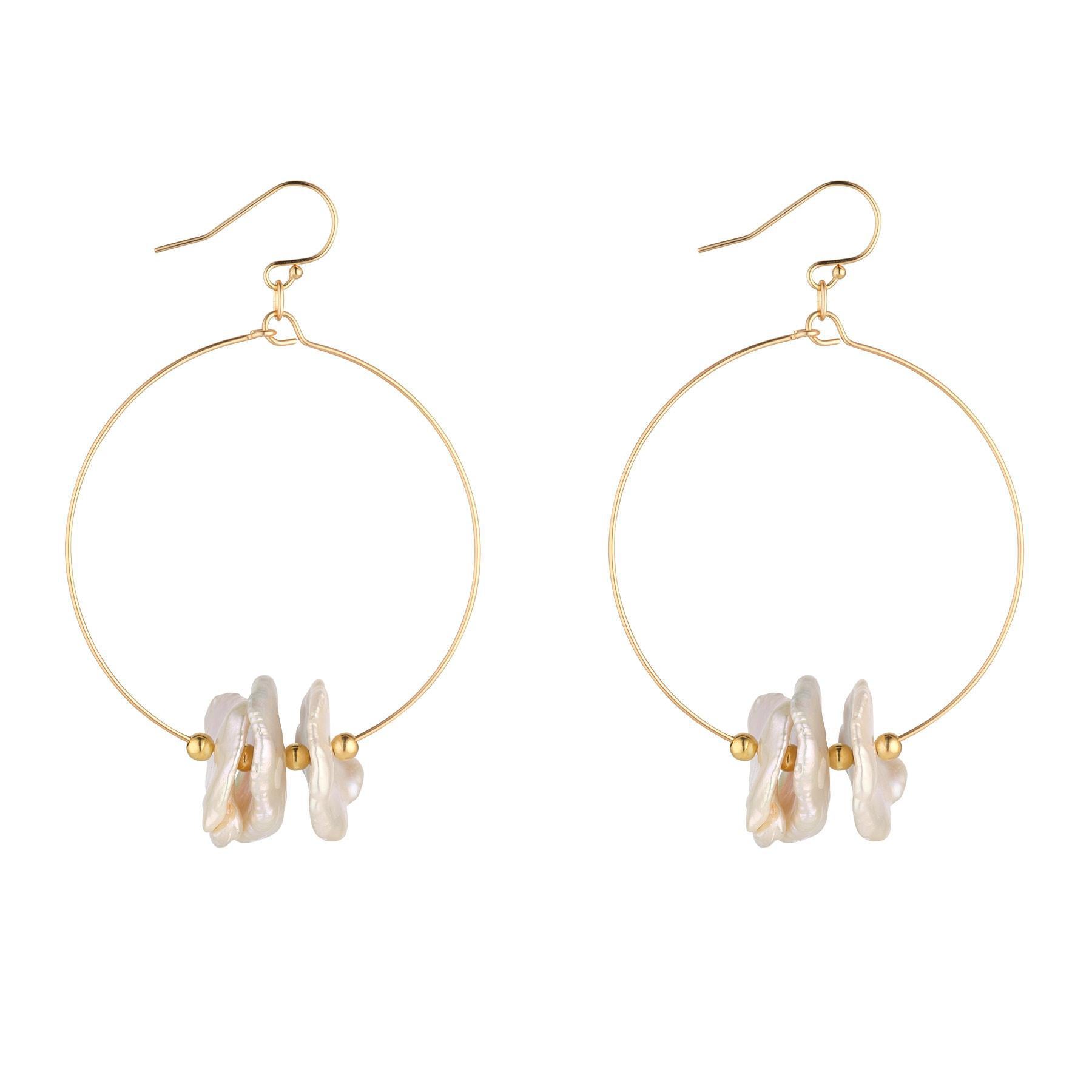 Gold Filled Flat Keshi Pearl Large Hoop Earrings