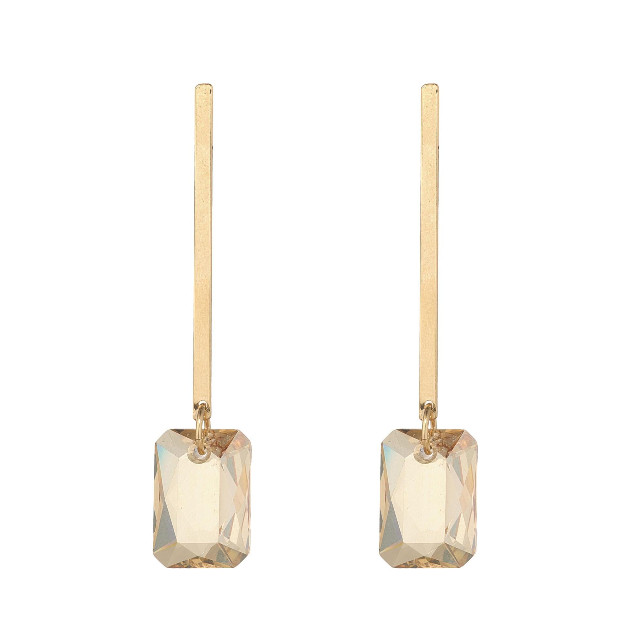 Gold bar drop earrings with golden emerald cut crystal
