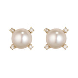 A pair of 9kt yellow gold stud earrings with 5mm round freshwater pearls and diamonds.