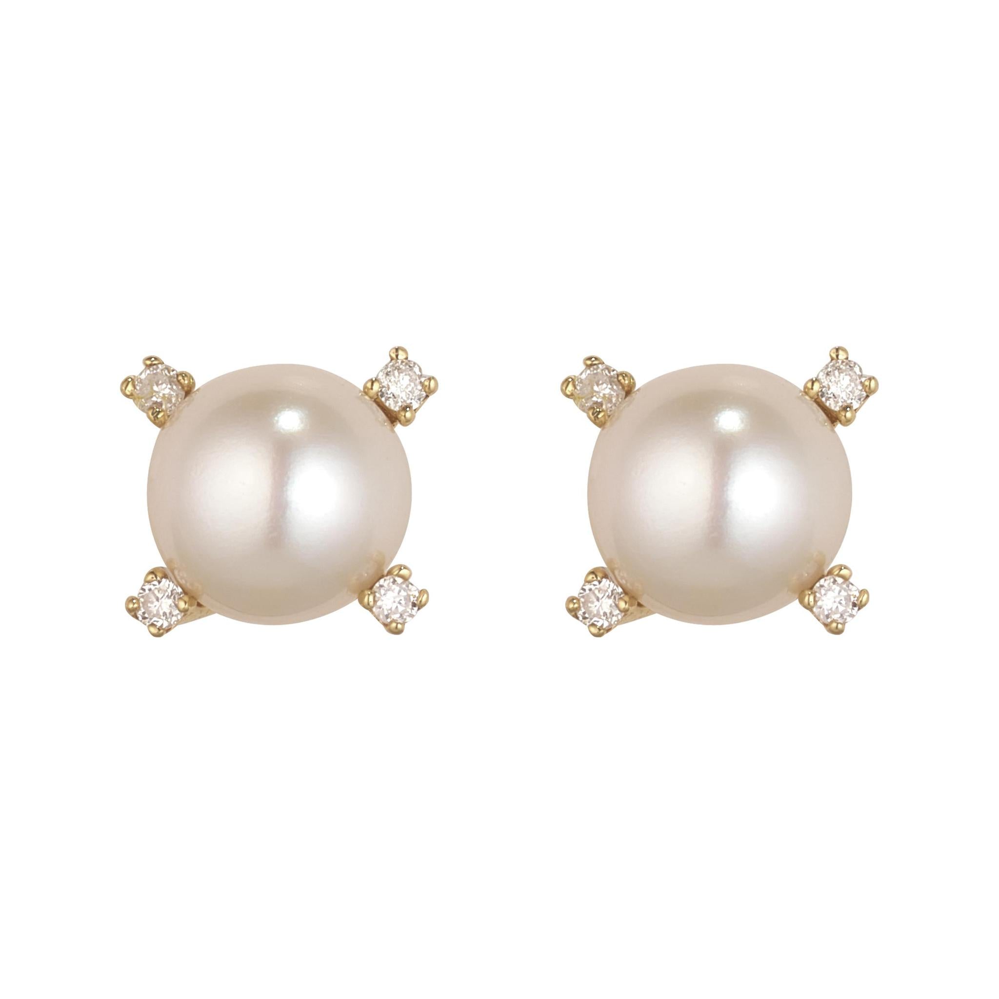 A pair of 9kt yellow gold stud earrings with 5mm round freshwater pearls and diamonds.