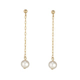 Gold Filled Ball Stud Round Pearl Chain Drop Earrings
