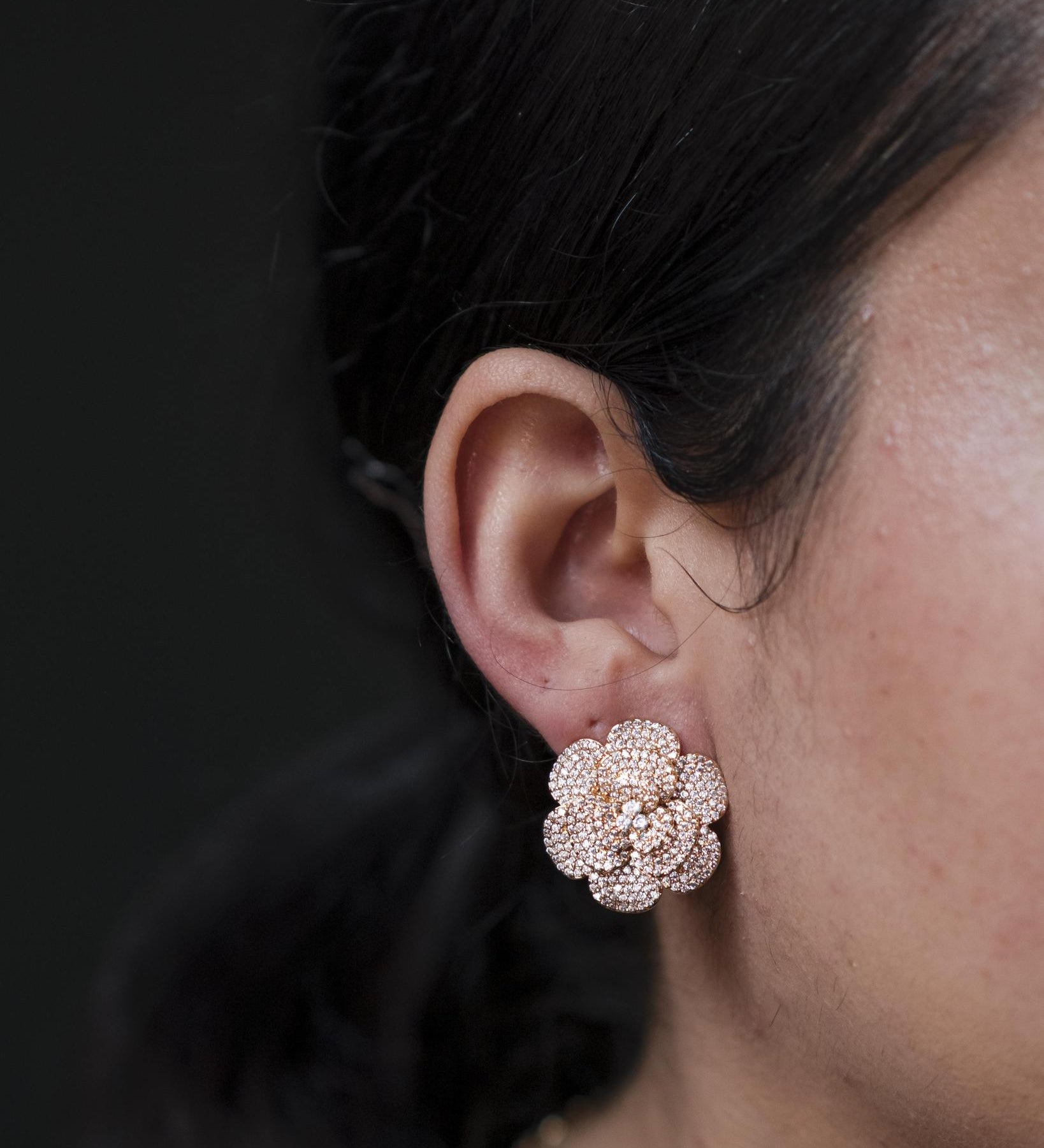 Gold Plated Cubic Zirconia Layered Camillia Flower Stud Earrings