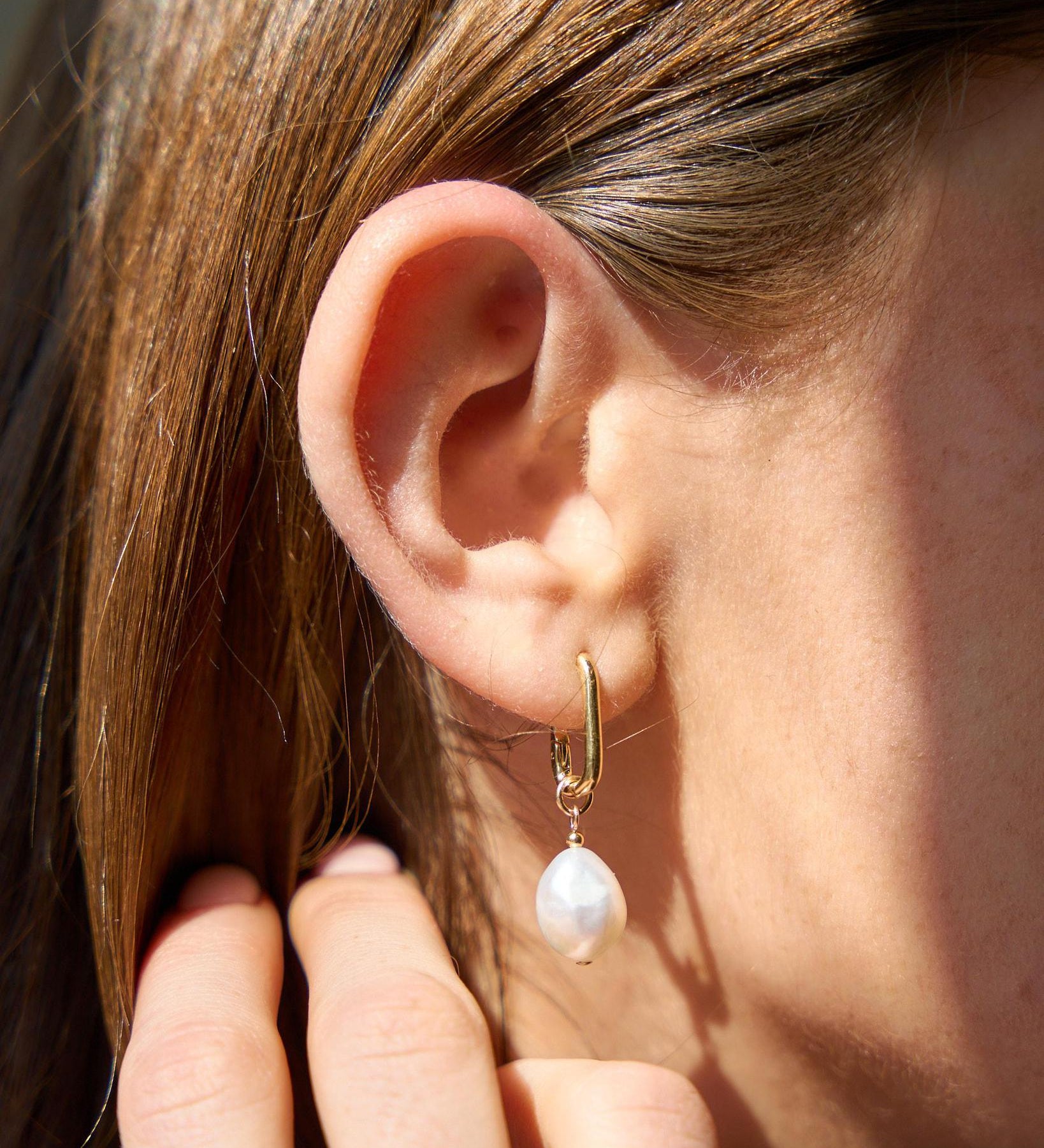 Gold Filled Baroque Pearl Rectangular Clip Hoop Earrings