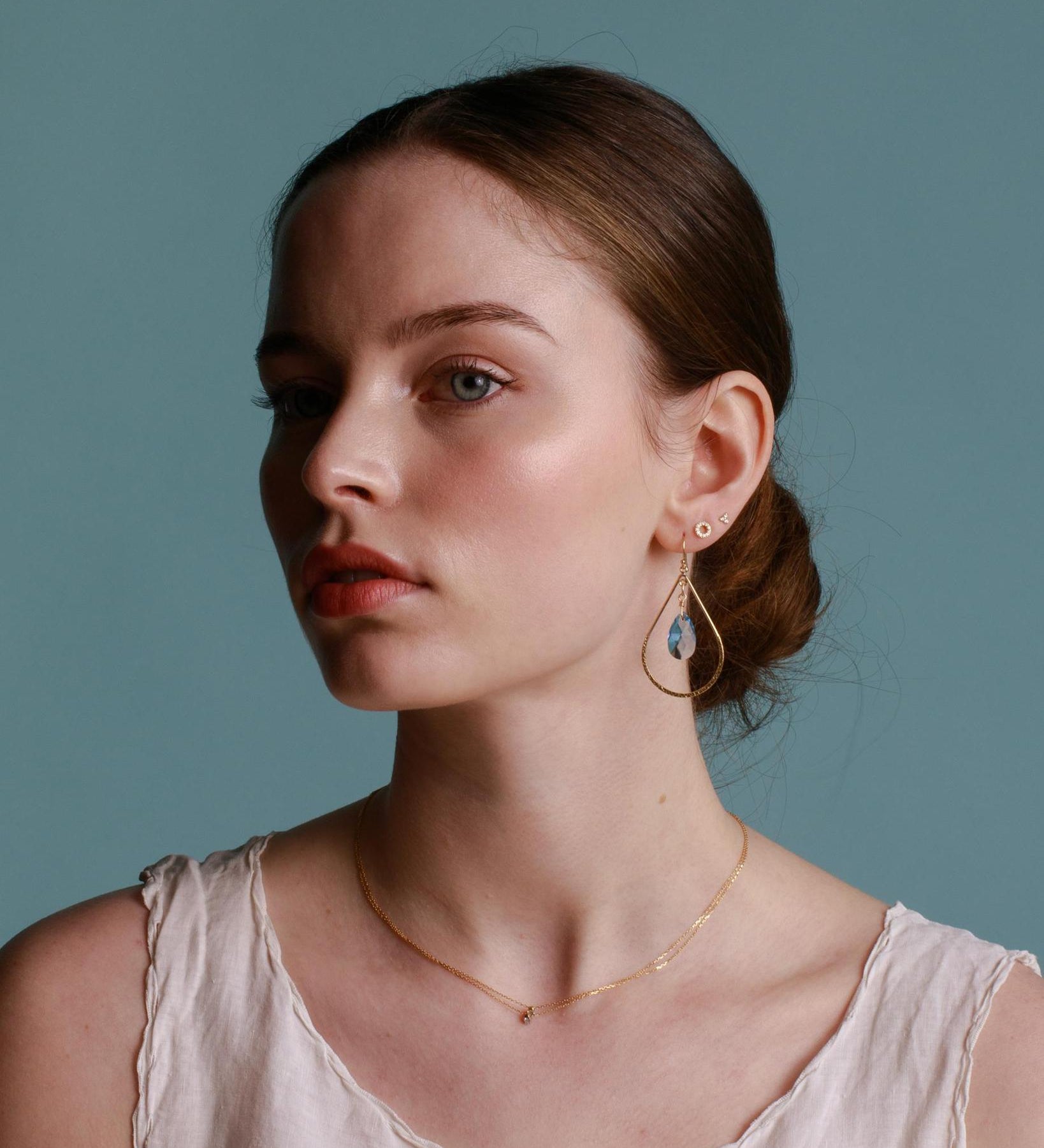 Gold Filled 16mm Aquamarine Crystal Hammered Teardrop Earrings