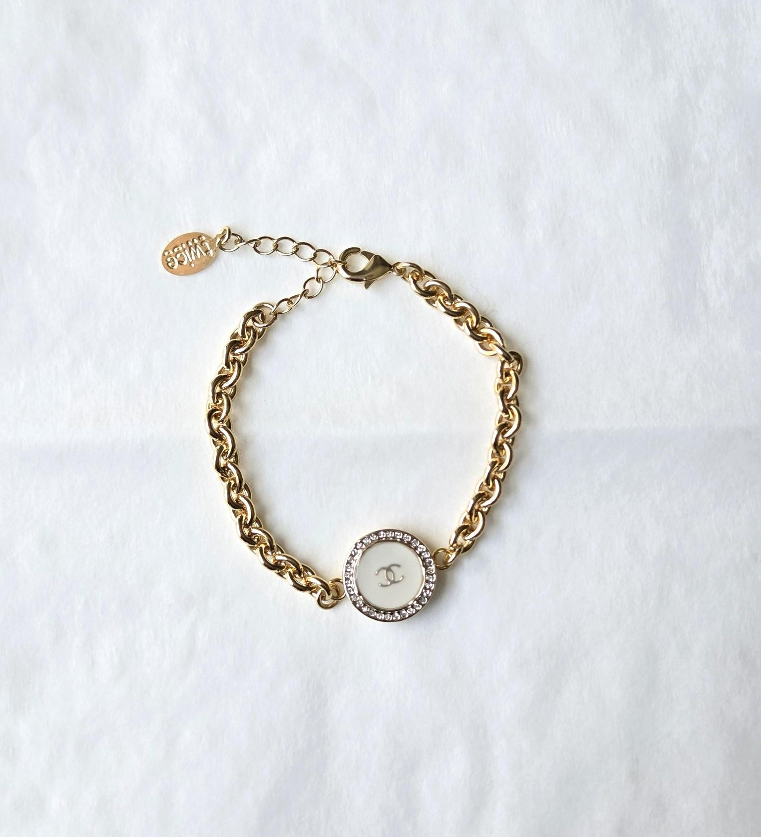 Vintage Chanel Button Bracelet - White with Crystal Bezel