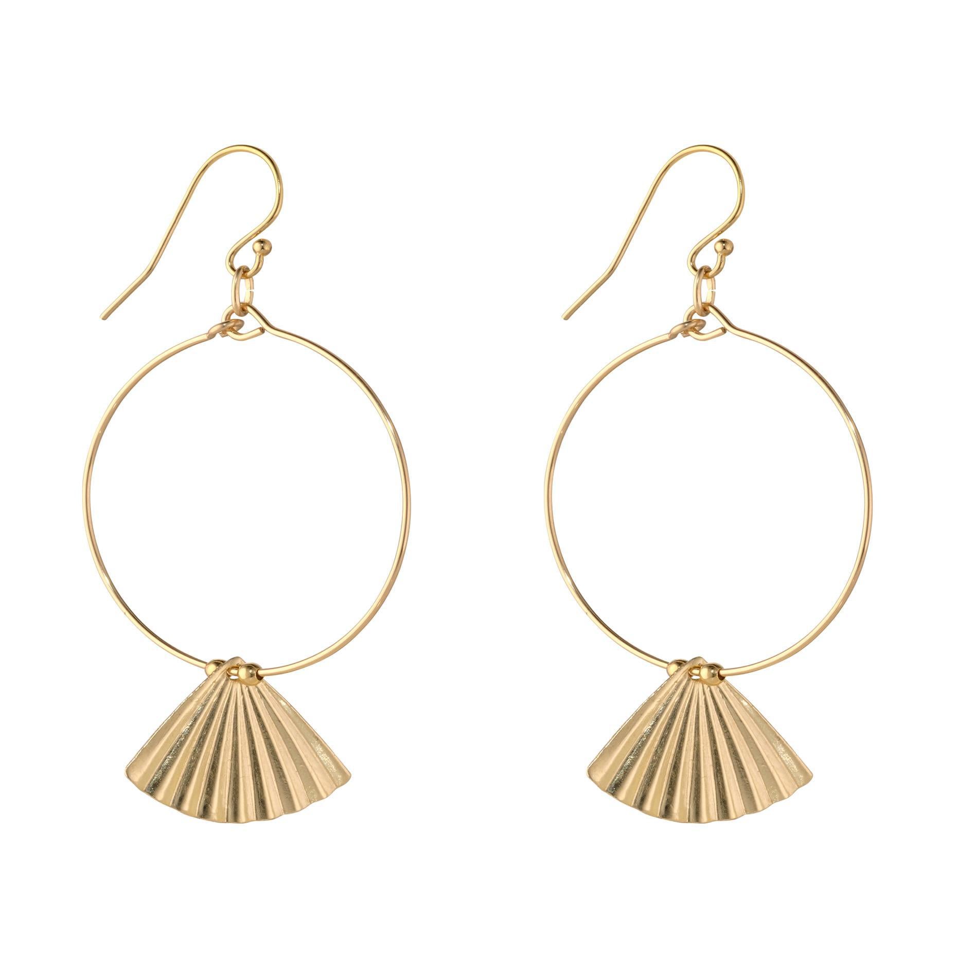 A pair of gold-filled hoop earrings with a fan design on the lower part of the hoop