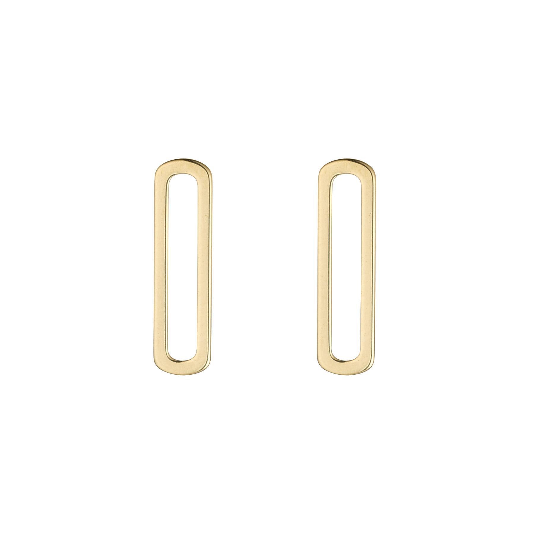 A pair of 9kt gold mini open rectangle stud earrings on a white background.