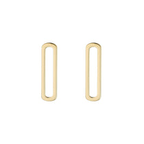 A pair of 9kt gold mini open rectangle stud earrings on a white background.