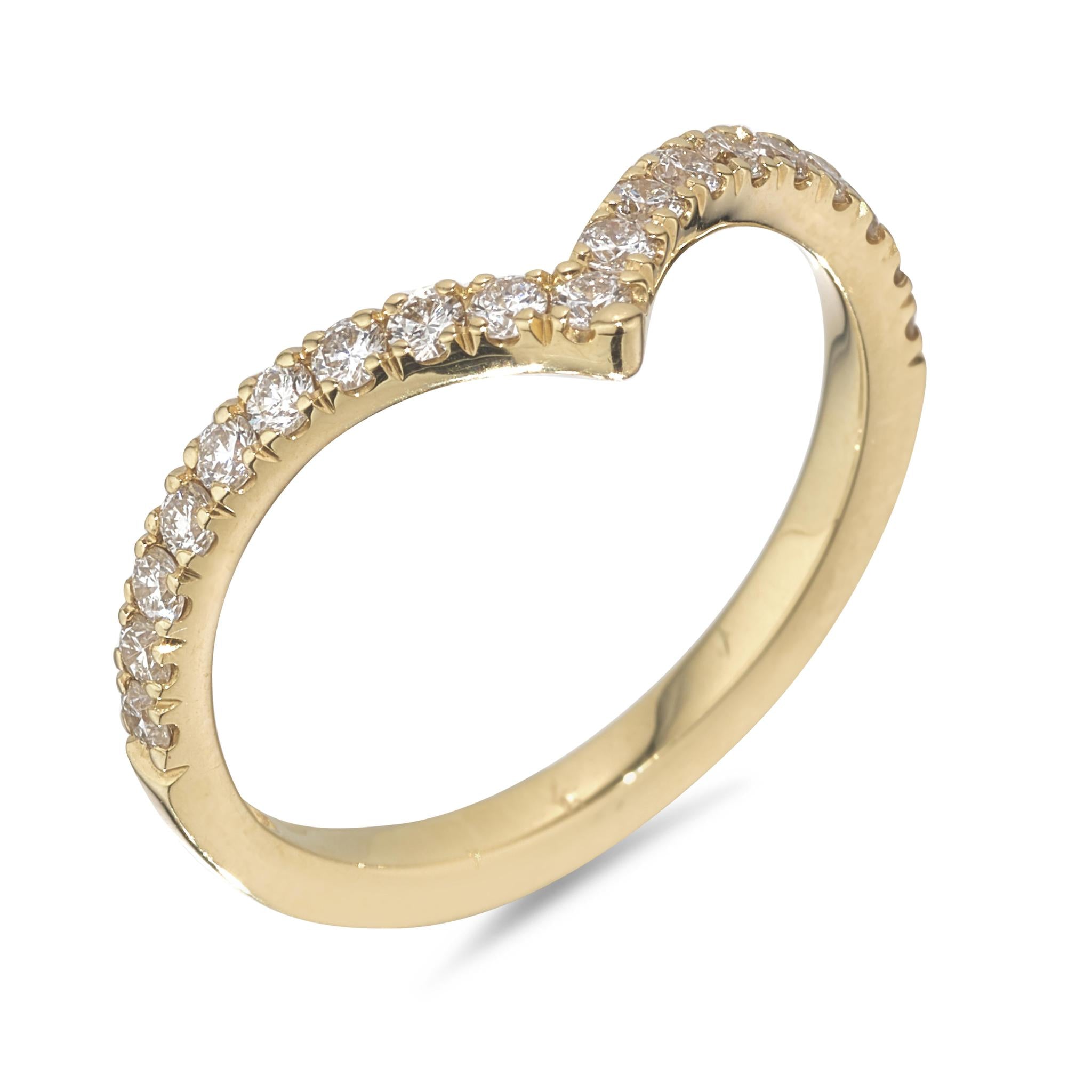 A yellow gold 18kt half eternity ring featuring a wishbone design with embedded diamonds.