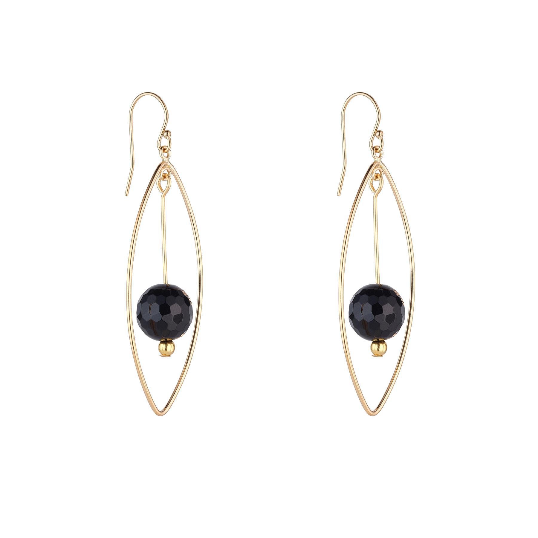 A pair of gold-filled oval earrings with dangling black agate spheres.