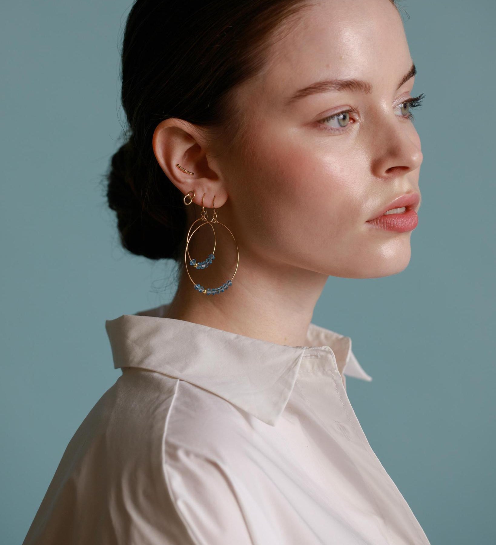 Gold Filled Aquamarine Crystal Row Hoop Earrings