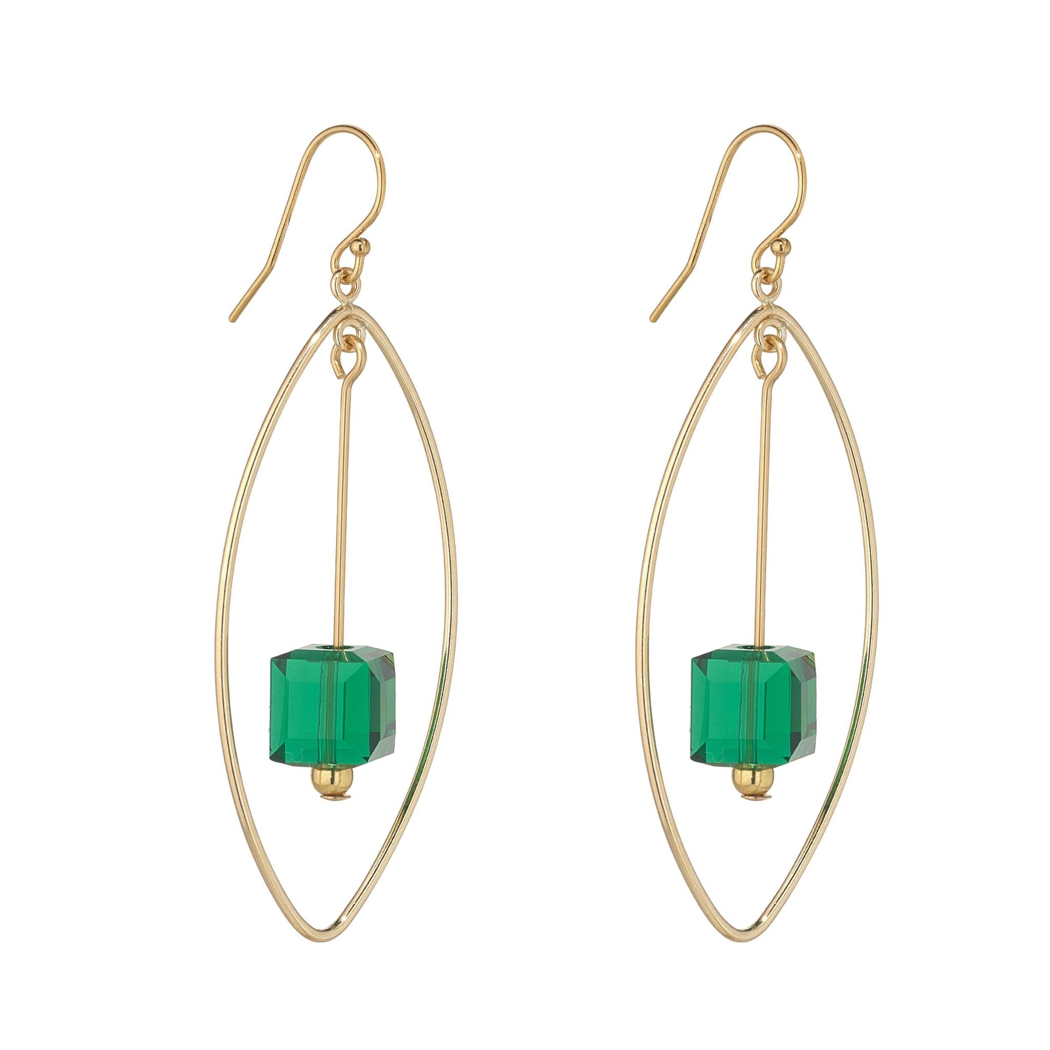 A pair of gold-filled oval chandelier earrings with green cube crystal drops.