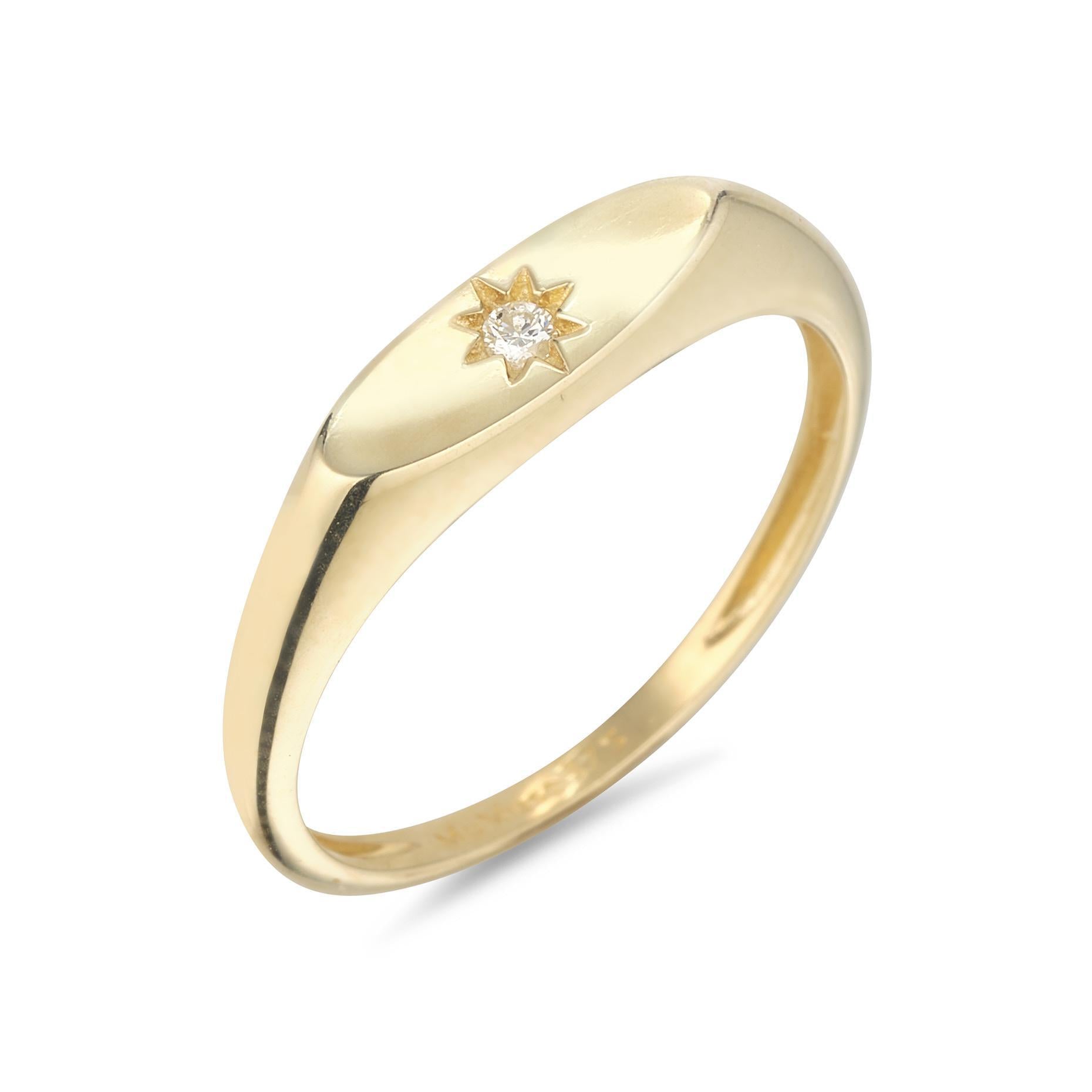 A 9kt gold signet ring with a single 1.75mm round diamond, displayed against a white background.