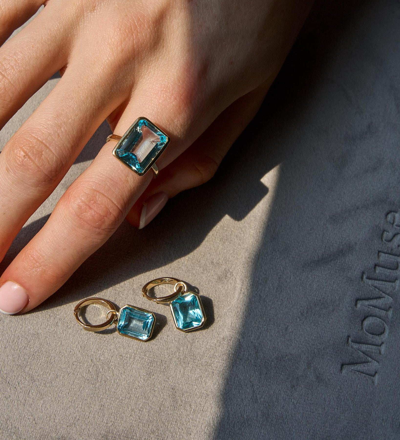9kt Gold Sky Blue Topaz Step Cut Bezel Ring - 10x14mm