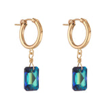 Gold Filled 11mm Emerald Cut Bermuda Blue Crystal Clip Hoop Earrings