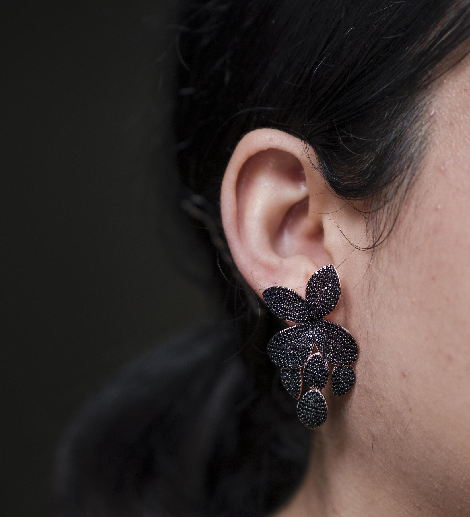 Gold Plated Black Cubic Zirconia Original Large Floral Stud Earrings