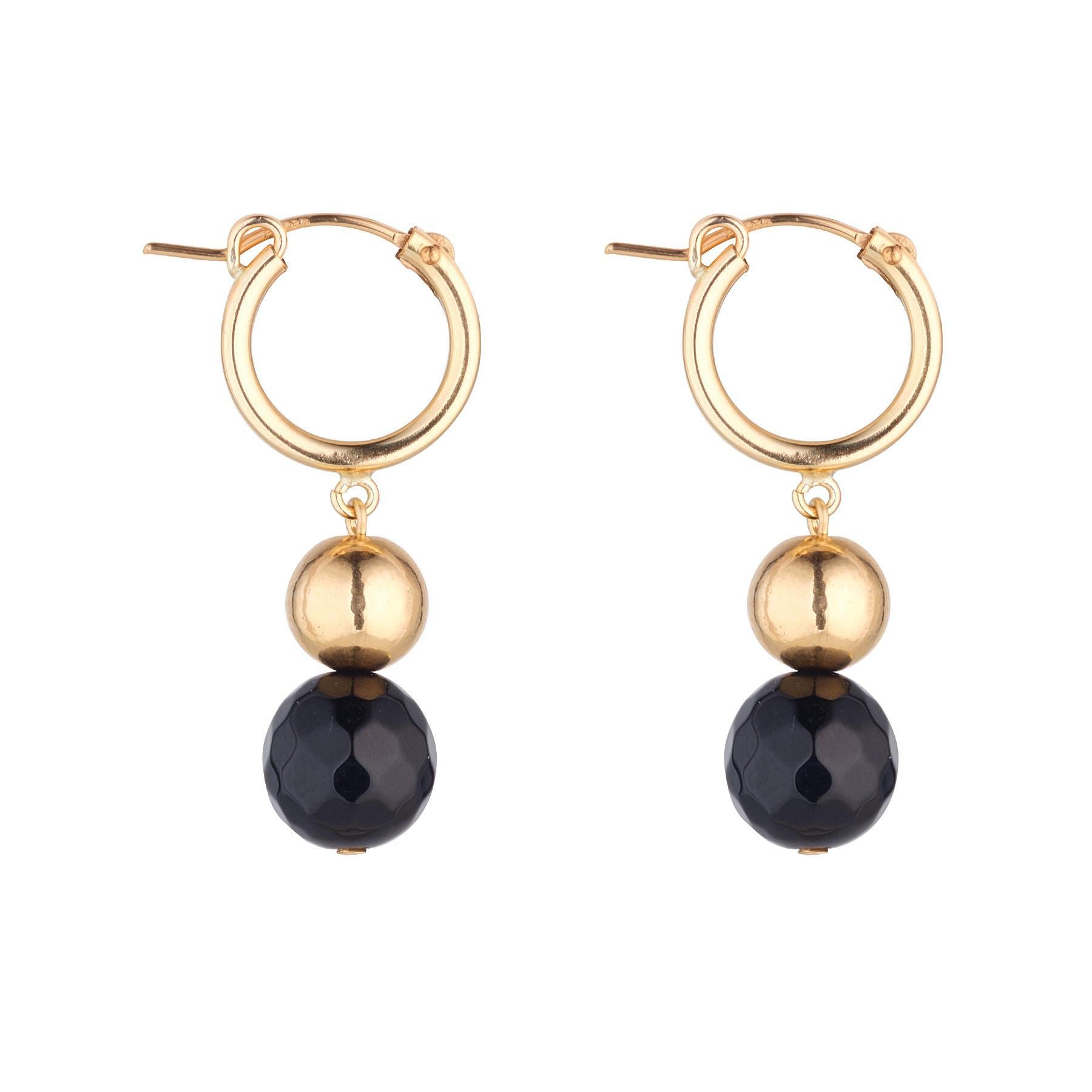 A pair of gold-filled clip hoop earrings with black agate and gold ball drops