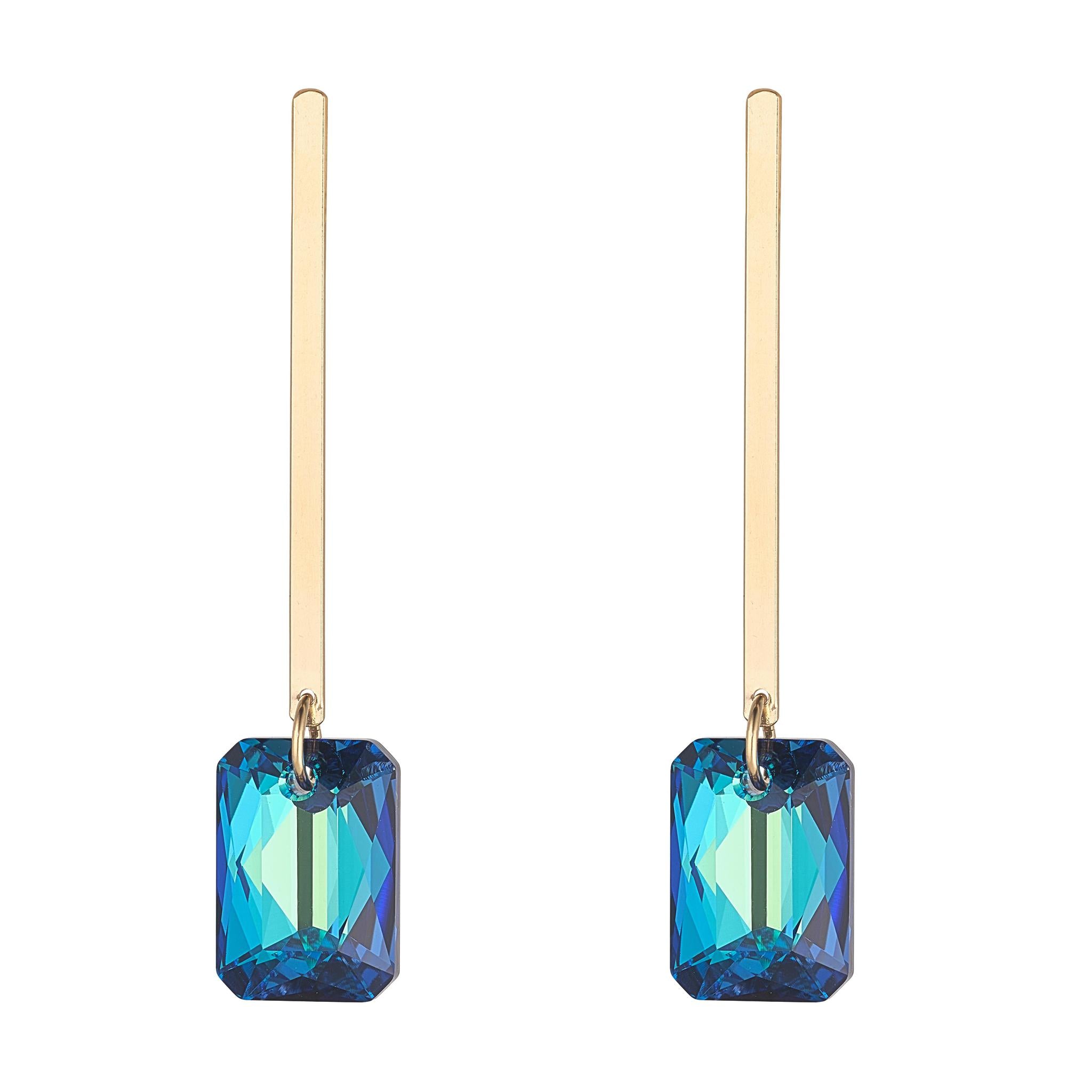 A pair of gold-filled drop earrings featuring a flat bar design with a Bermuda blue crystal at the bottom.