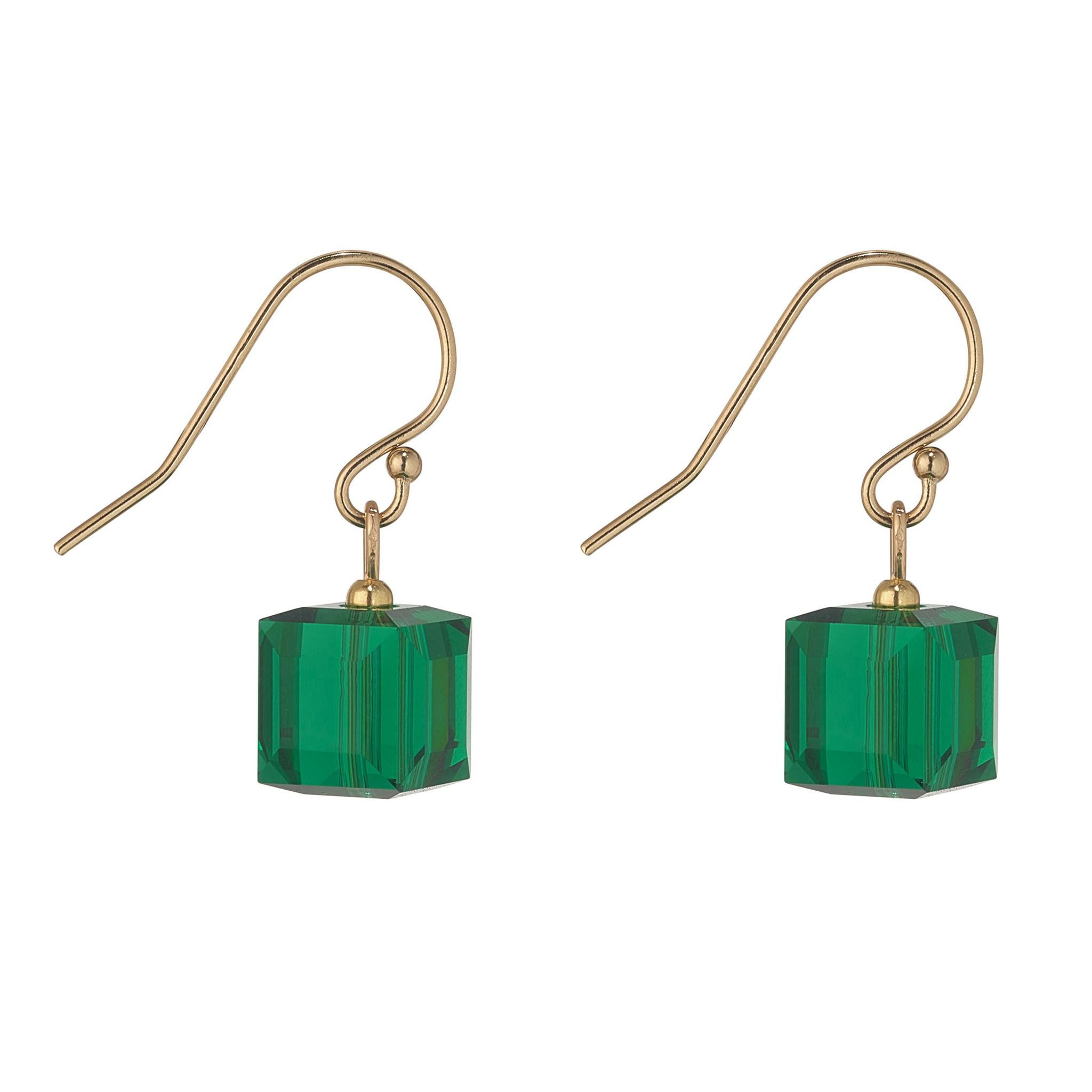 A pair of gold filled earrings featuring green crystal cube drops.
