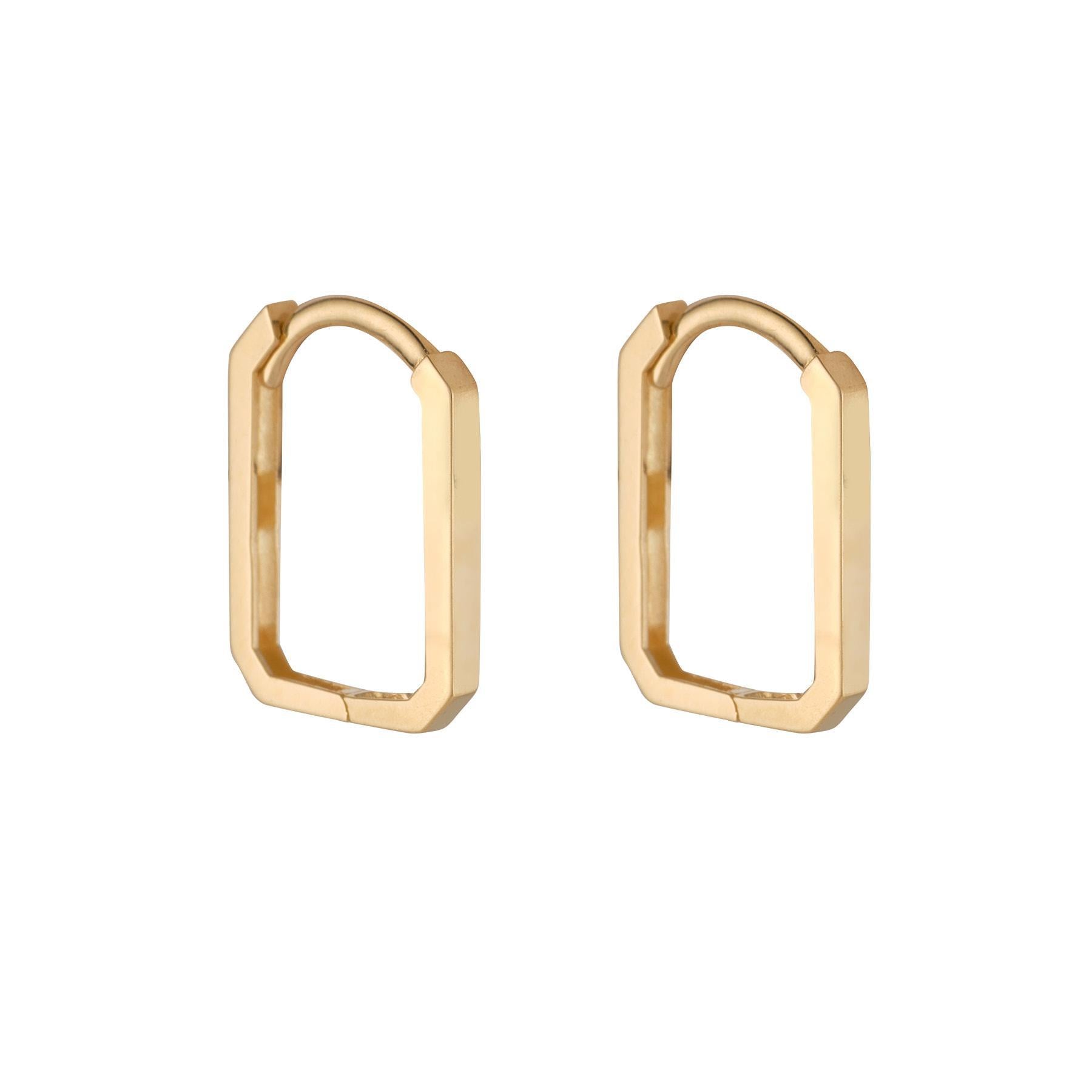 A pair of 9kt gold medium rectangular hoop earrings on a white background.